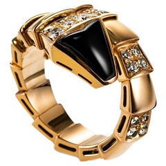 Bvlgari Serpenti Viper One-coil Rose Gold Onyx & Diamond Ring Size M