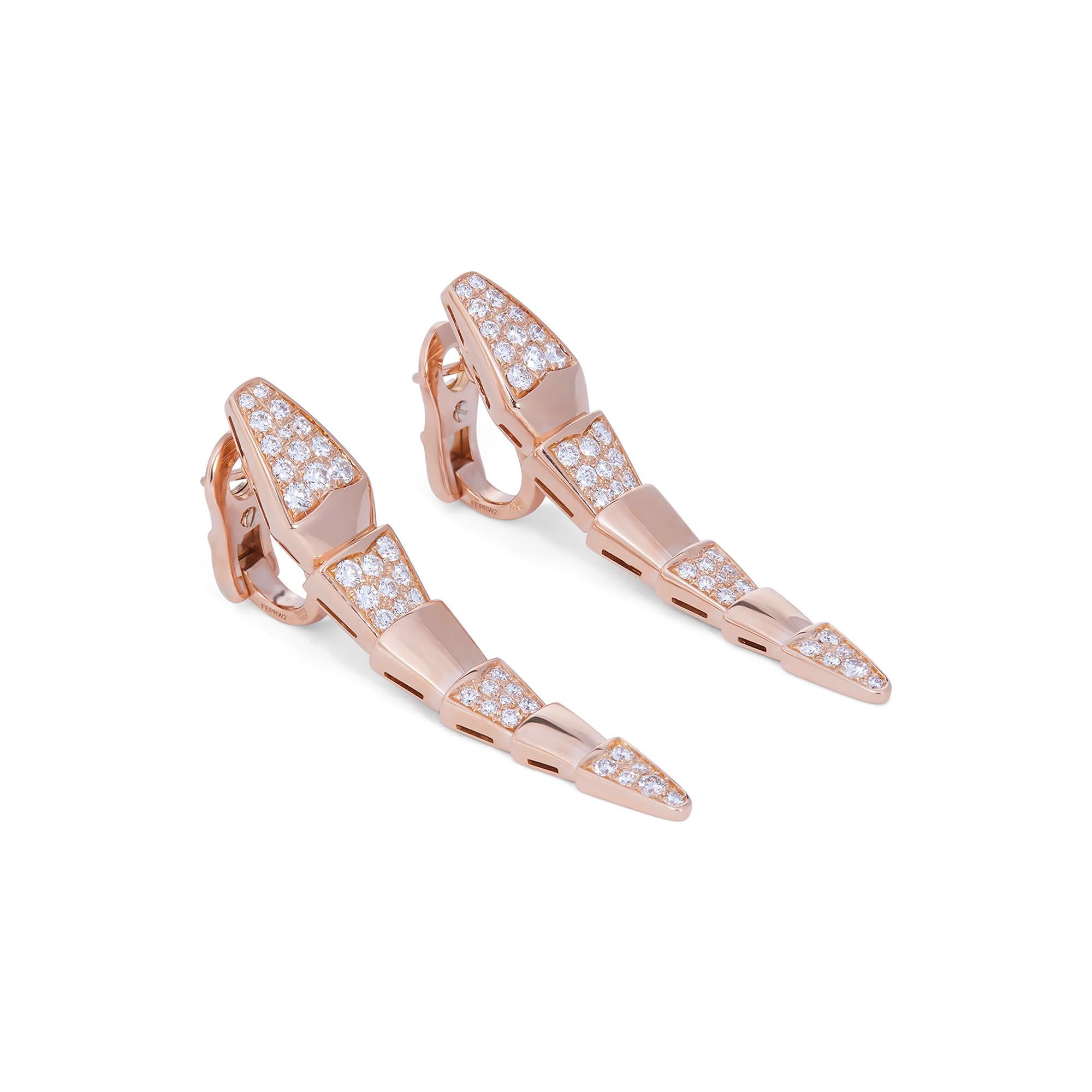 Authentic Bvlgari Serpenti Viper earrings crafted in 18 karat rose gold and featuring stacked geometric links resembling a snake's scales.  The alternating links and snake heads are set with approximately 1.33 carats of round brilliant cut diamonds.