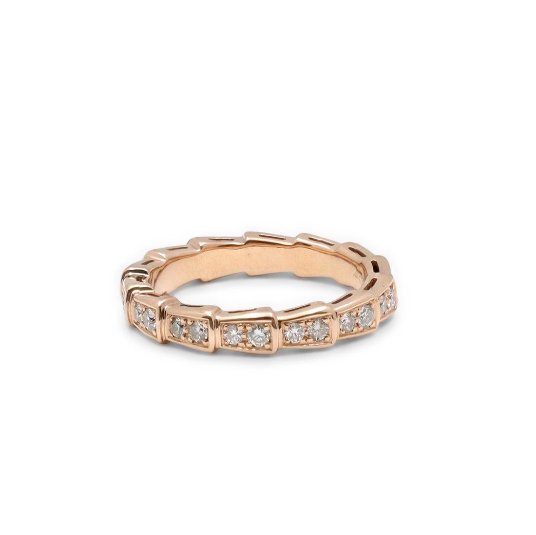 Authentic Bvlgari 'Serpenti Viper' ring crafted in 18 karat rose gold coils around the finger featuring scales that are pavé set with an estimated 0.48 carats of round brilliant cut diamonds (E-F color, VS clarity). Signed Bvlgari, Au750, Made in