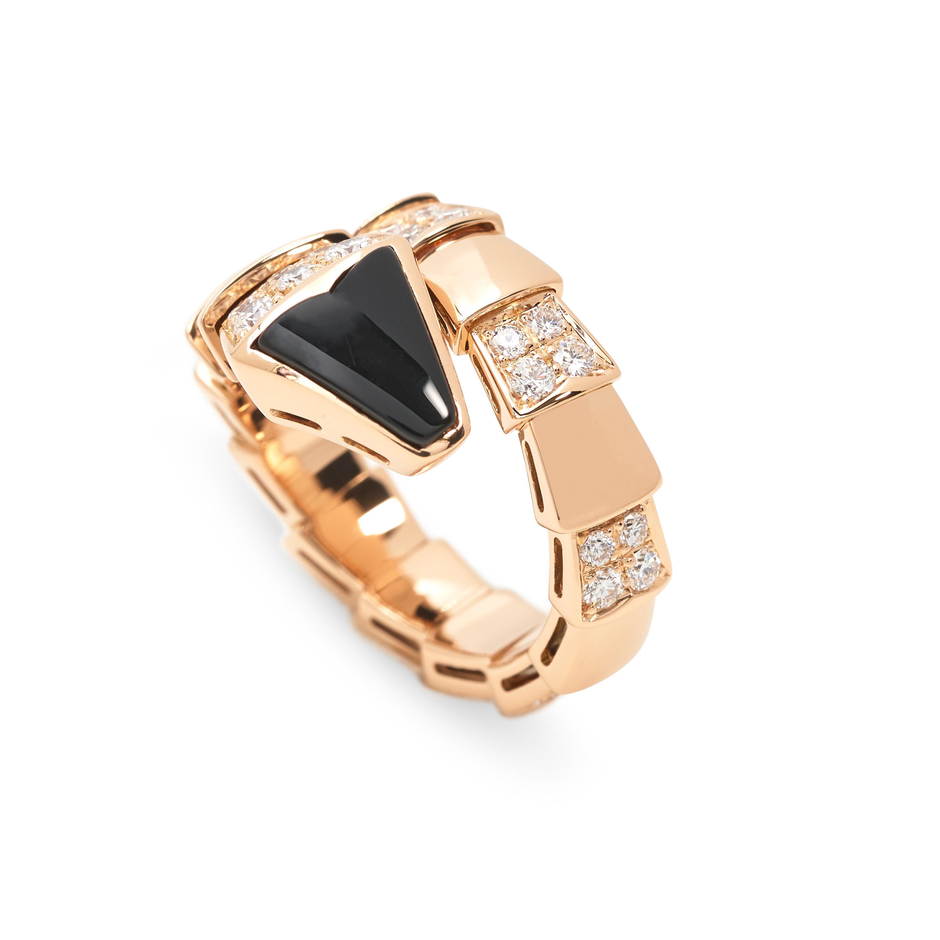 Bvlgari 'Serpenti Viper' Rose Gold Diamond and Onyx Ring In Excellent Condition In New York, NY