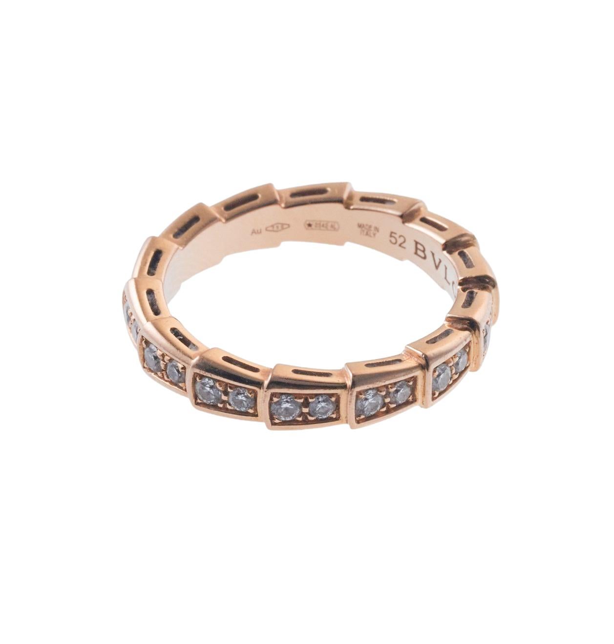 18k rose gold Serpenti Viper band ring by Bvlgari, set with approx. 0.50ctw in G/VS diamonds. Ring size 6, ring width is 3.7mm. Marked: Bvlgari, 52, P2X***, made in Italy, 750. Weight is 4.2 grams. Retail value $6800.