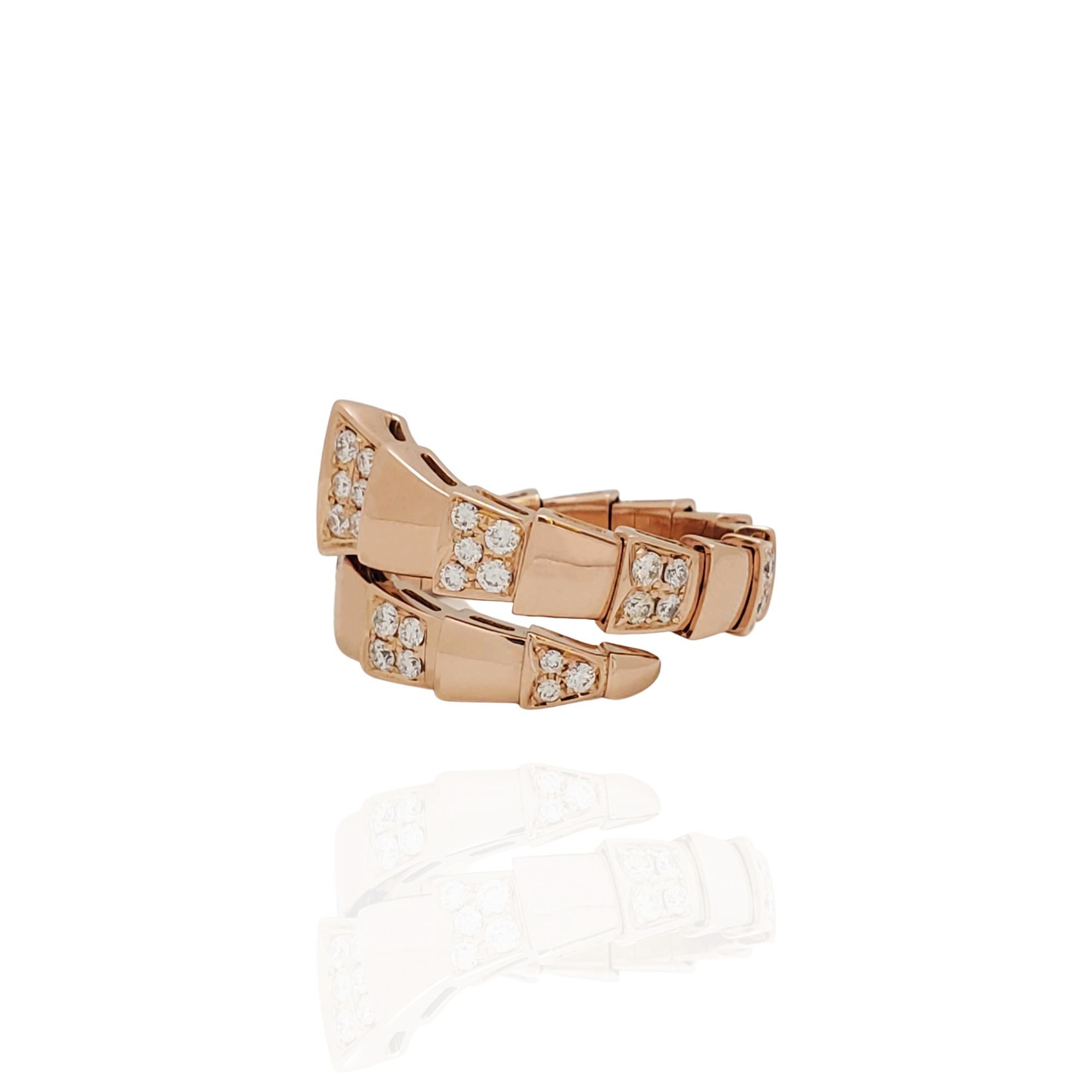 Authentic Bvlgari Serpenti Viper ring crafted in 18-karat rose gold. The serpentine design coils around the finger and features pavé set diamonds of an estimated 1.1 total carats on the head and alternating scales.  Size 59, US 8 3/4.  Signed