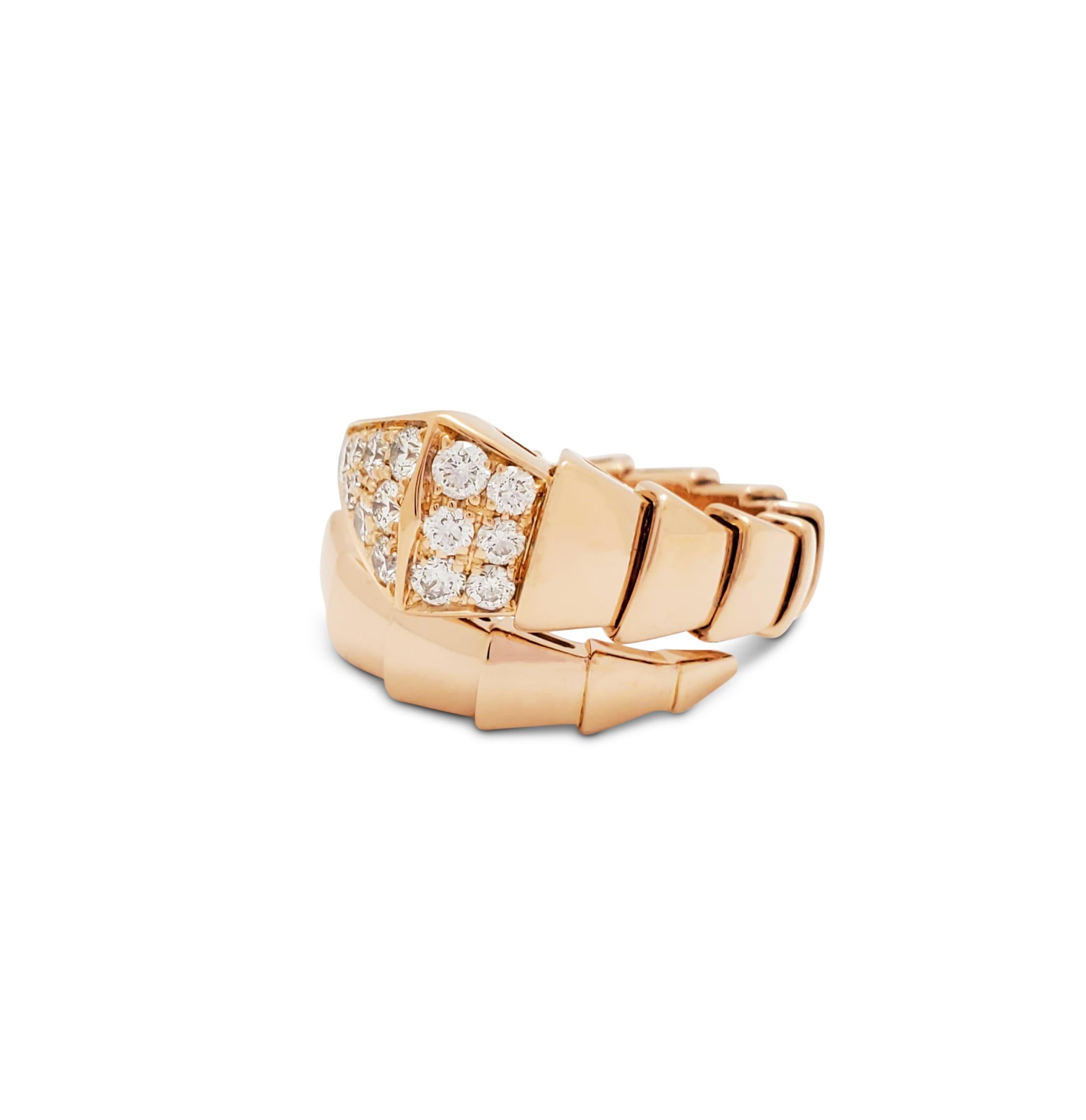 Authentic Bvlgari Serpenti Viper ring crafted in 18 karat rose gold. The serpentine design coils around the finger and features pavé set diamonds of an estimated 0.53 total carats on the head. Size M, will fit US finger sizes 5 3/4- 6 1/2 (EU