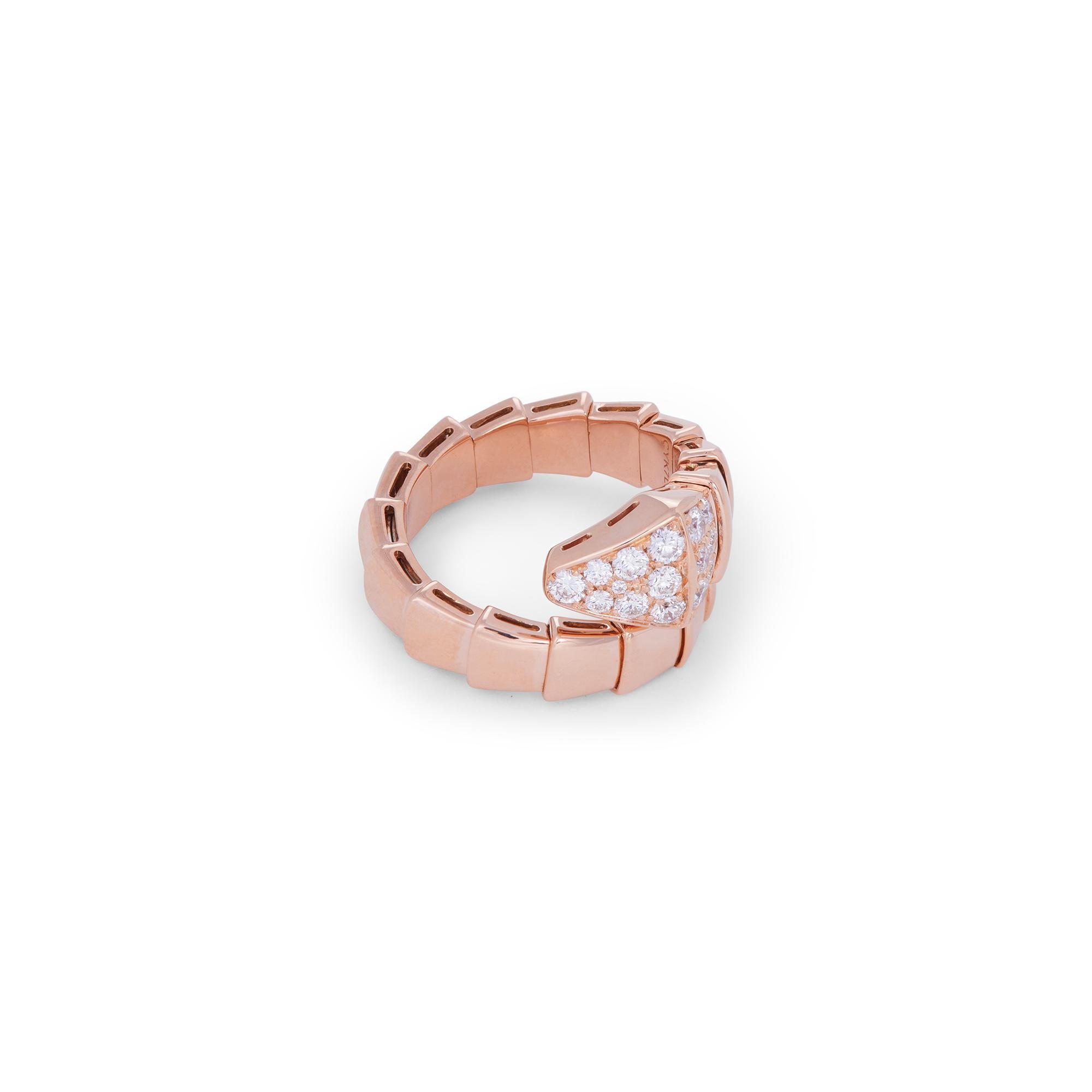 Authentic Bvlgari Serpenti Viper ring crafted in 18 karat rose gold. The serpentine design coils around the finger and features pavé set diamonds of an estimated 0.53 total carats on the head. Size M, will fit US finger sizes 5 3/4- 6 1/2 (EU