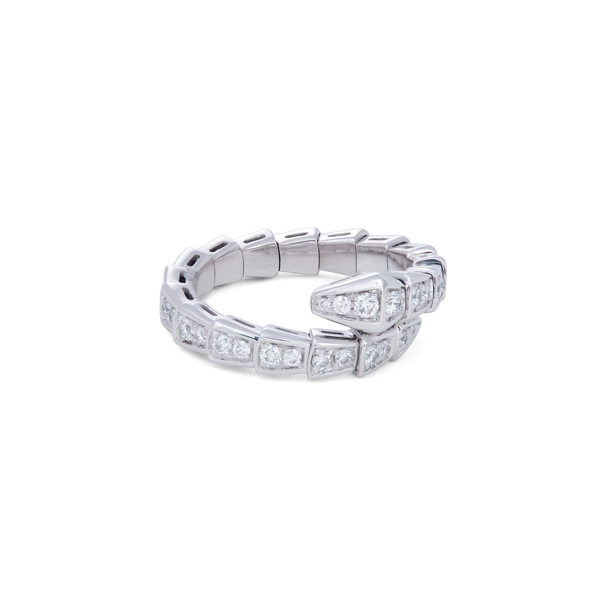 Authentic Bvlgari Serpenti Viper ring crafted in 18 karat white gold. The serpentine design coils around the finger and features pavé set diamonds of an estimated 0.66 total carats on the head and scales. Size L, will fit sizes 7-7 3/4. Signed
