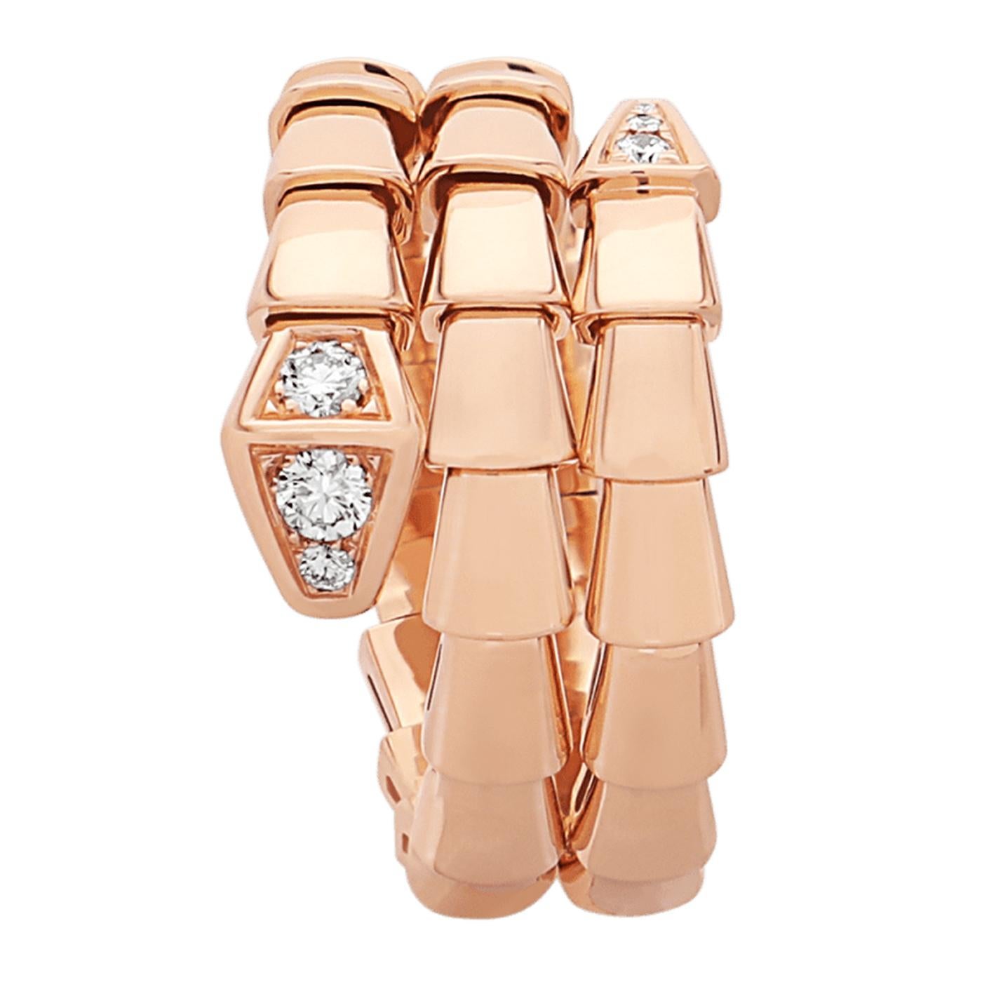 Bulgari or Bvlgari Serpenti Viper two-coil 18 kt rose gold ring set with pavé diamonds on the head and tail, With its signature blend of pure aesthetics, enveloping shapes and charismatic flair, the Serpenti Viper 18 kt rose gold ring with demi pavé