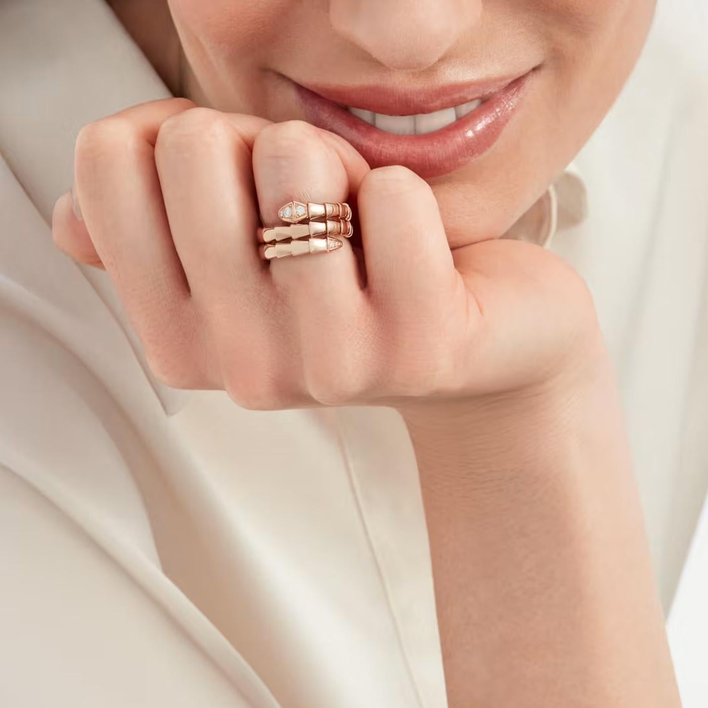 Bvlgari Serpenti Viper Two-Coil Pave Diamonds Snake Ring 18k Rose Gold For Sale 4