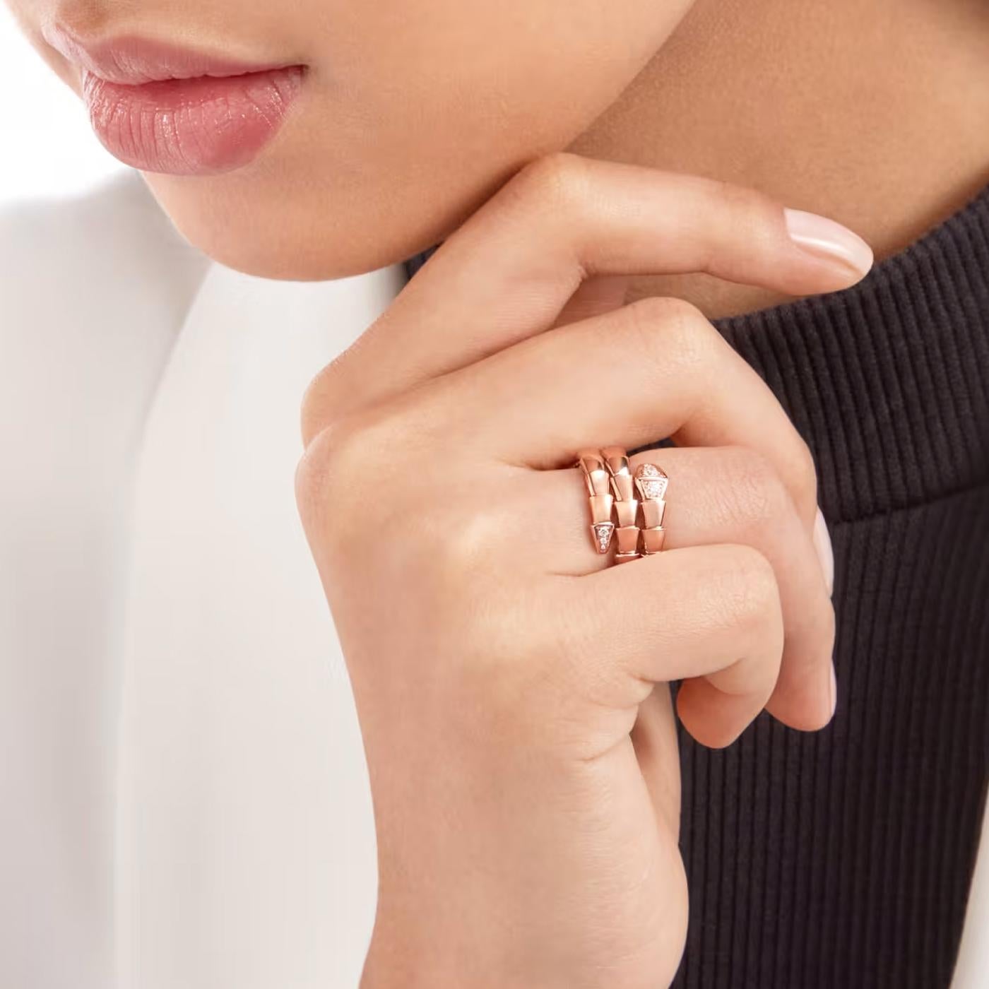 Bvlgari Serpenti Viper Two-Coil Pave Diamonds Snake Ring 18k Rose Gold For Sale 6
