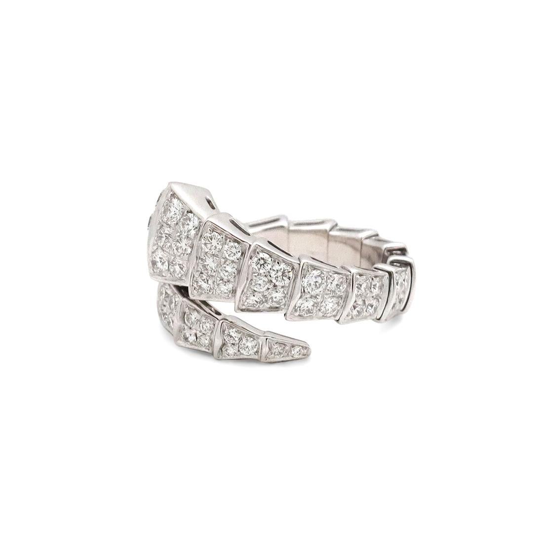 Authentic Bvlgari 'Serpenti Viper' ring crafted in 18 karat white gold.  The serpentine design coils around the finger featuring scales and a snake head that are pavé set with an estimated 1.58 carats of round brilliant cut diamonds (G-H color, VS
