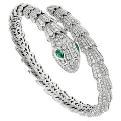 BVLGARI Serpenti White Gold Full Diamond Emerald-Eyed Snake Bracelet