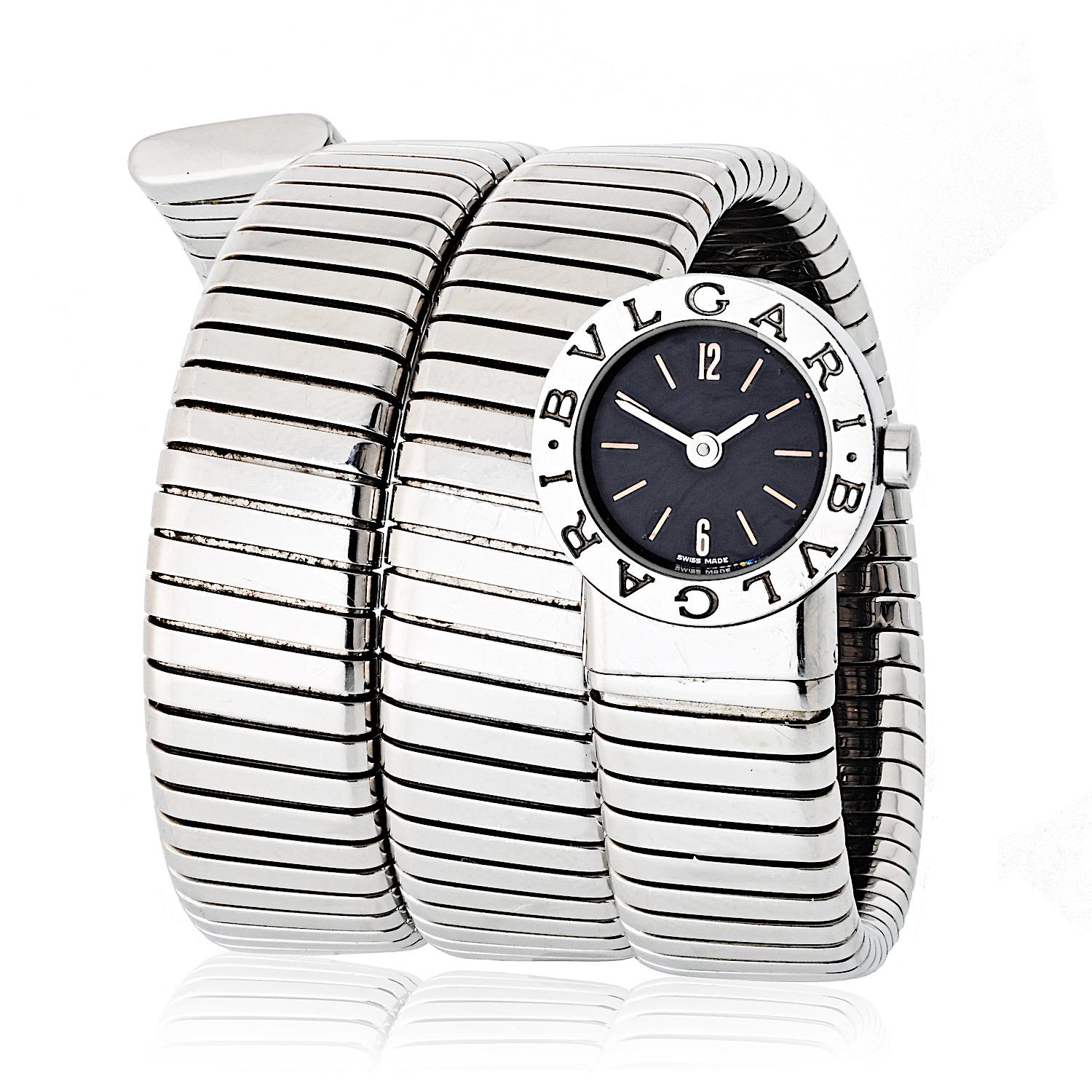 Bvlgari Tubogas Stainless Steel Serpenti Vintage BB 19 1TS Watch. This elegant timepiece features a striking black dial that beautifully complements its unique serpentine design. With a snug fit for wrists measuring between 5.5 inches and 6.5