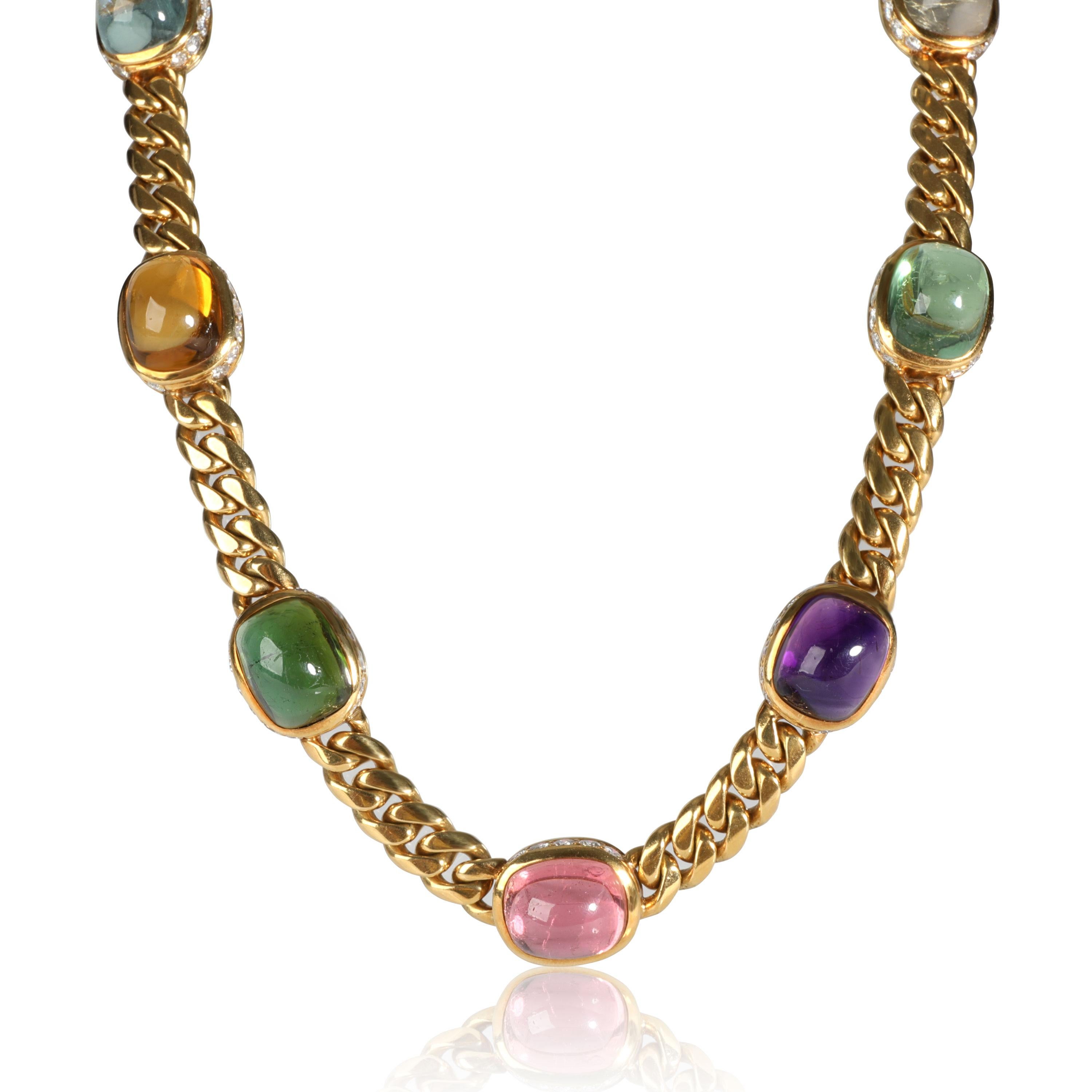 Bvlgari Seven Station Mixed Cabochon Gemstone Necklace in 18K Yellow Gold 5 CTW In Excellent Condition In New York, NY