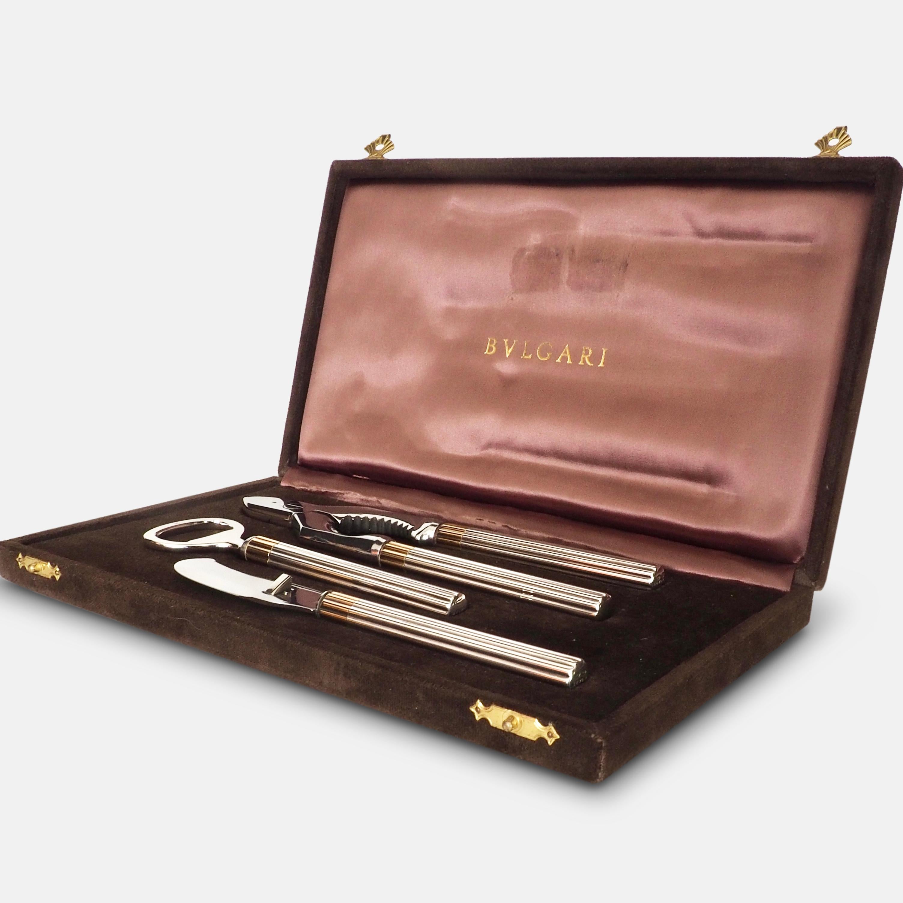 Italian Bvlgari Silver and Gilt Champagne and Opener Set Stamped with Presentation Case