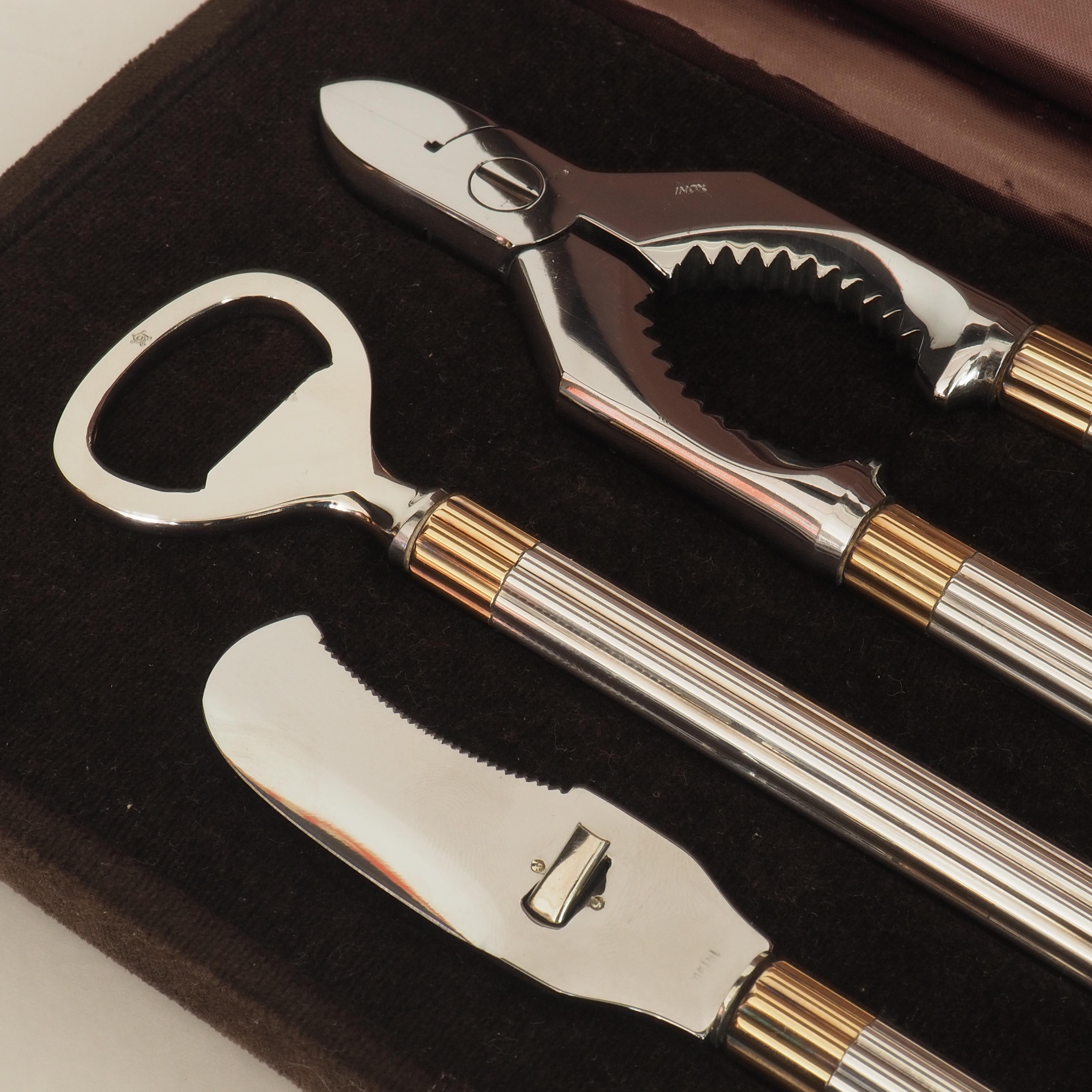Mid-20th Century Bvlgari Silver and Gilt Champagne and Opener Set Stamped with Presentation Case