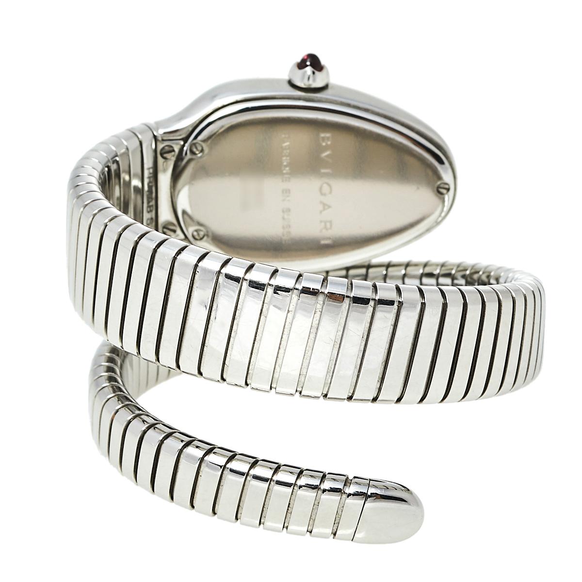 Exuding glamour and unique style, the Serpenti Tubogas quartz watch is an icon of the Bvlgari House. The spiraled stainless steel body has its ends designed as the head and tail of a serpent. Wearable and chic, the flexible design has a guilloché