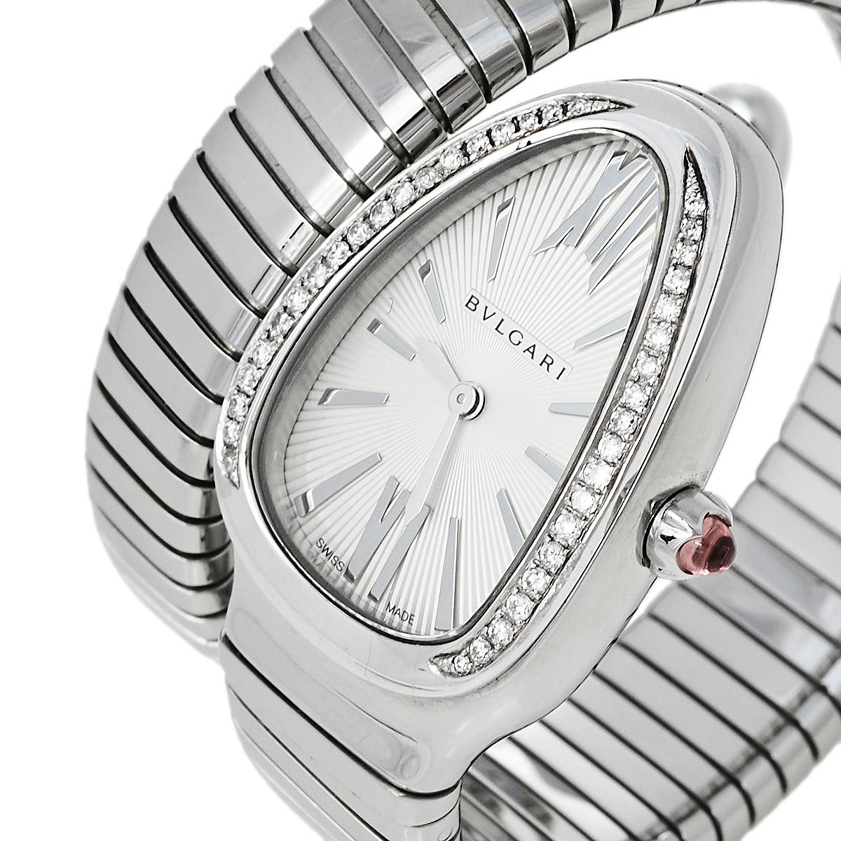 Contemporary Bvlgari Silver Guilloché Soleil Stainless Steel Diamond Women's Wristwatch 35 mm