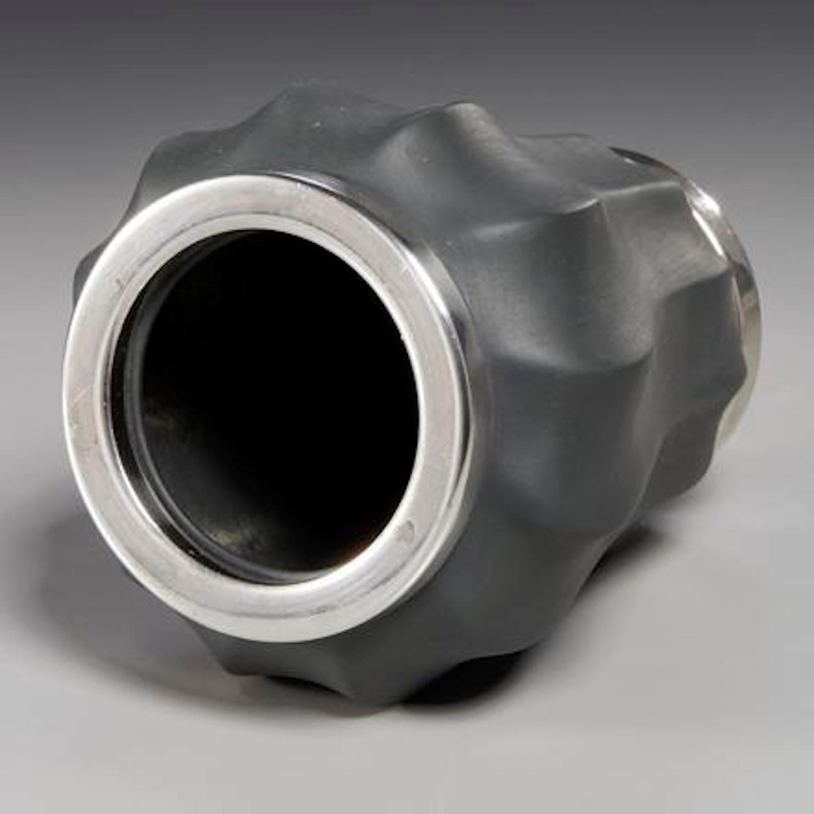 Bulgari silver-mounted porcelain  ribbed matte grey vase. Bvlgari touch marks to
underside and rim