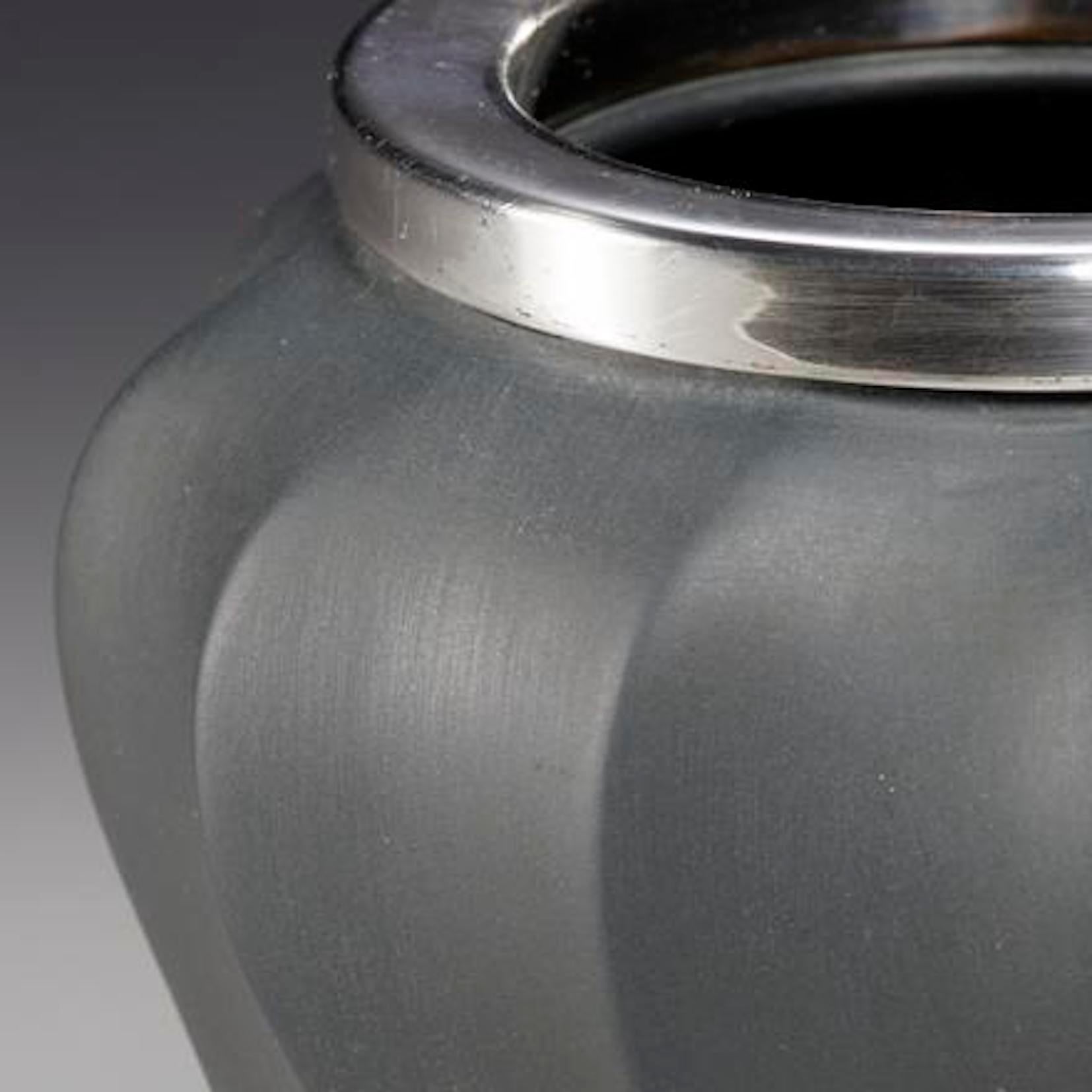 Italian Bvlgari Silver-Mounted Porcelain  Ribbed Matte Grey Vase  For Sale