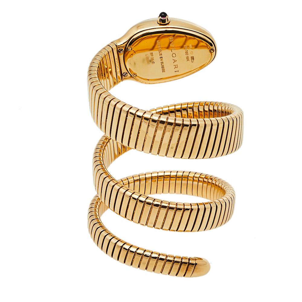 Exuding glamour and unique style, the Serpenti Tubogas quartz watch is an icon of the Bvlgari House. The 18K yellow gold body, spiraled thrice, has its ends designed as the head and tail of a serpent. Wearable and chic, the flexible design has a