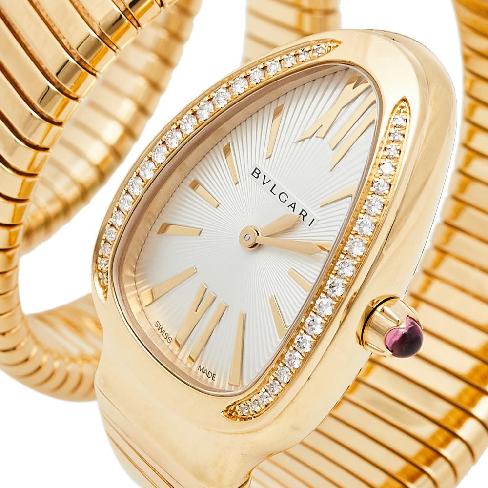 Bvlgari Silver Opaline Guilloché Soleil 18K Yellow Gold Women's Wristwatch 35 MM In Good Condition In Dubai, Al Qouz 2