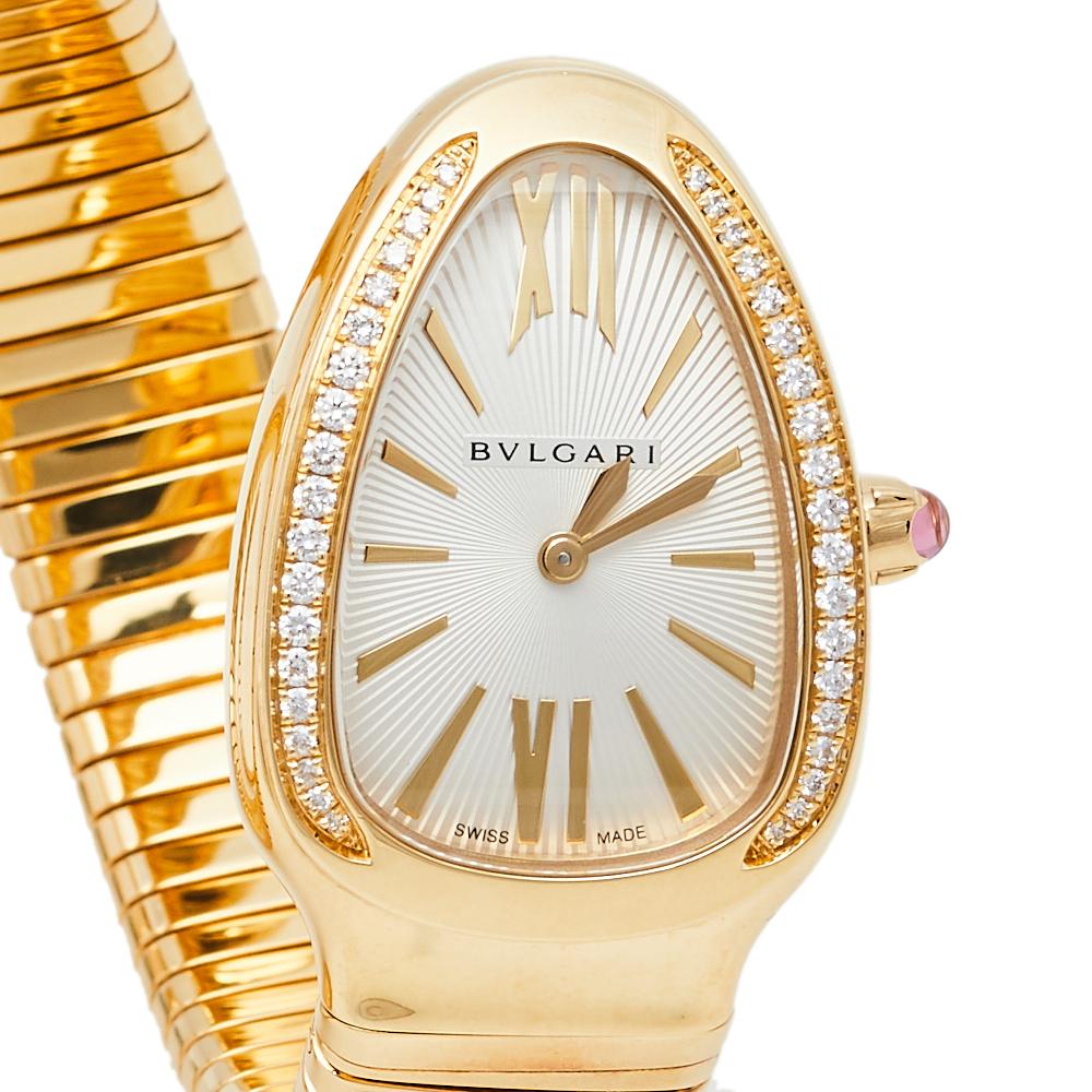 Bvlgari Silver Opaline Guilloché Soleil 18K Yellow Gold Women's Wristwatch 35 MM 1