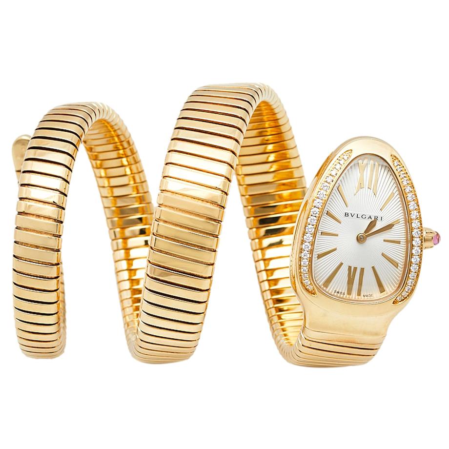 Bvlgari Silver Opaline Guilloché Soleil 18K Yellow Gold Women's Wristwatch 35 MM
