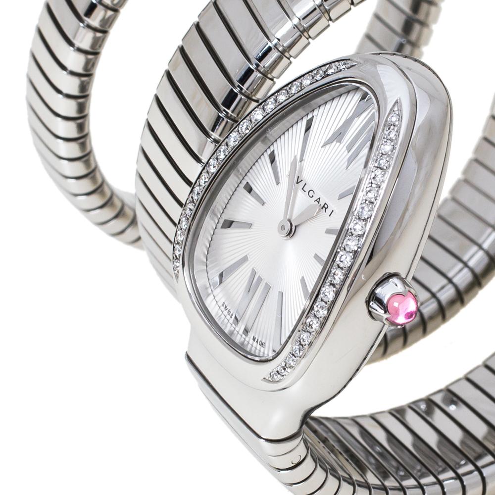 Contemporary Bvlgari Silver Opaline  Soleil Stainless Steel Diamond 101910 Women's Wristwatch