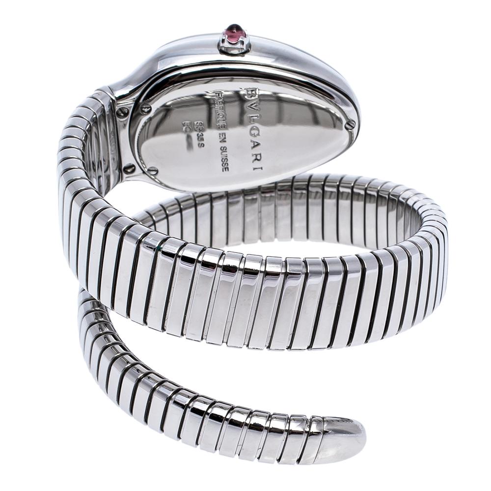 Exuding glamour and unique style, the wristwatch is a melange of Bvlgari's two most iconic designs, the Serpenti and Tubogas. The stainless steel body, spiralled twice, featuring the fine lines of Tubogas technique represents the sensual curves of a