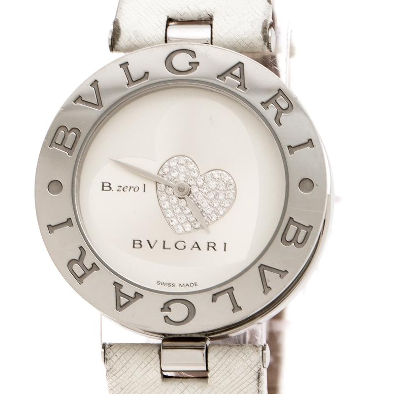 Contemporary Bvlgari Silver Stainless Steel Heart Diamond B.Zero1 Women's Wristwatch 35 MM