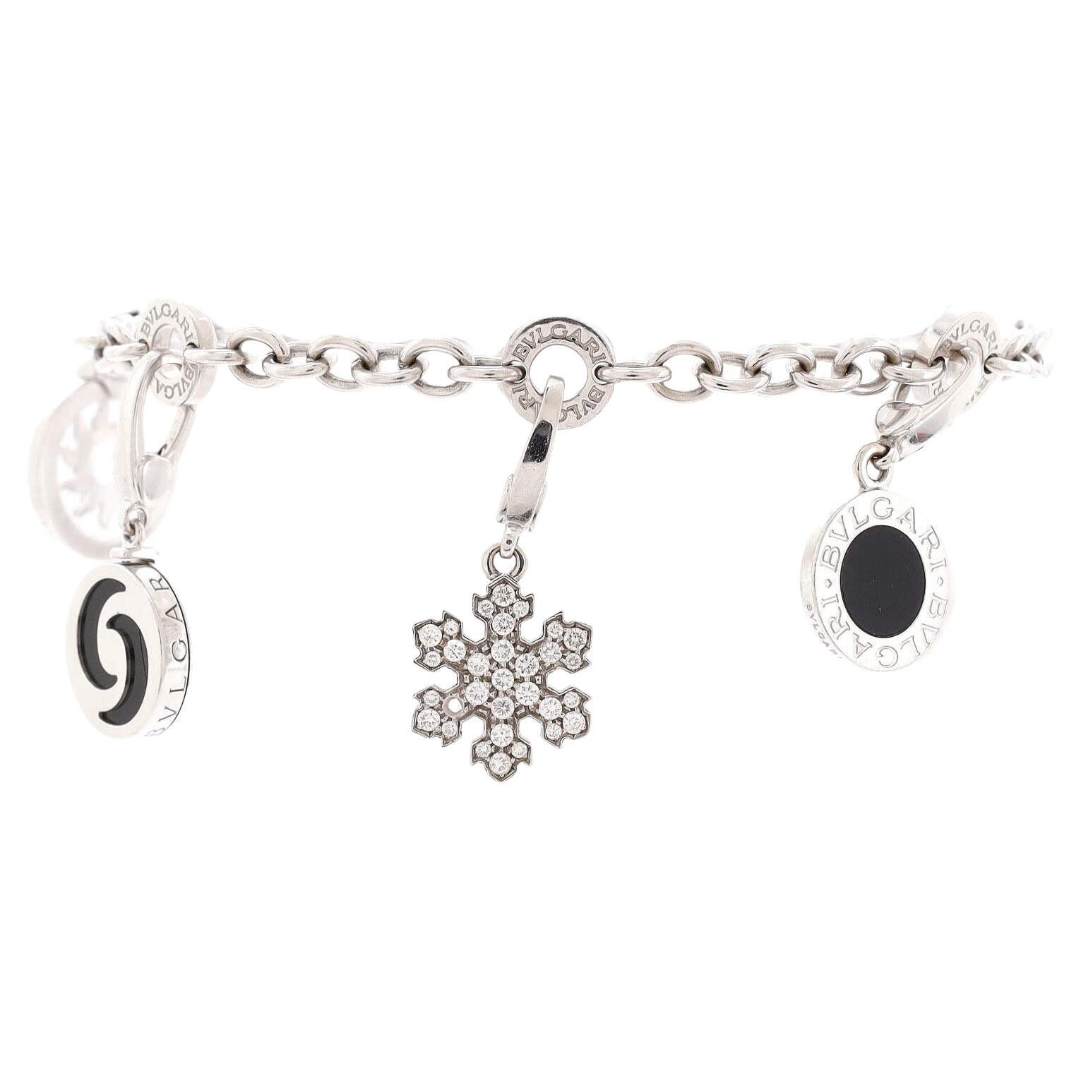 Bvlgari 18K White Gold Diamond and Onyx Charm Bracelet For Sale at 1stDibs