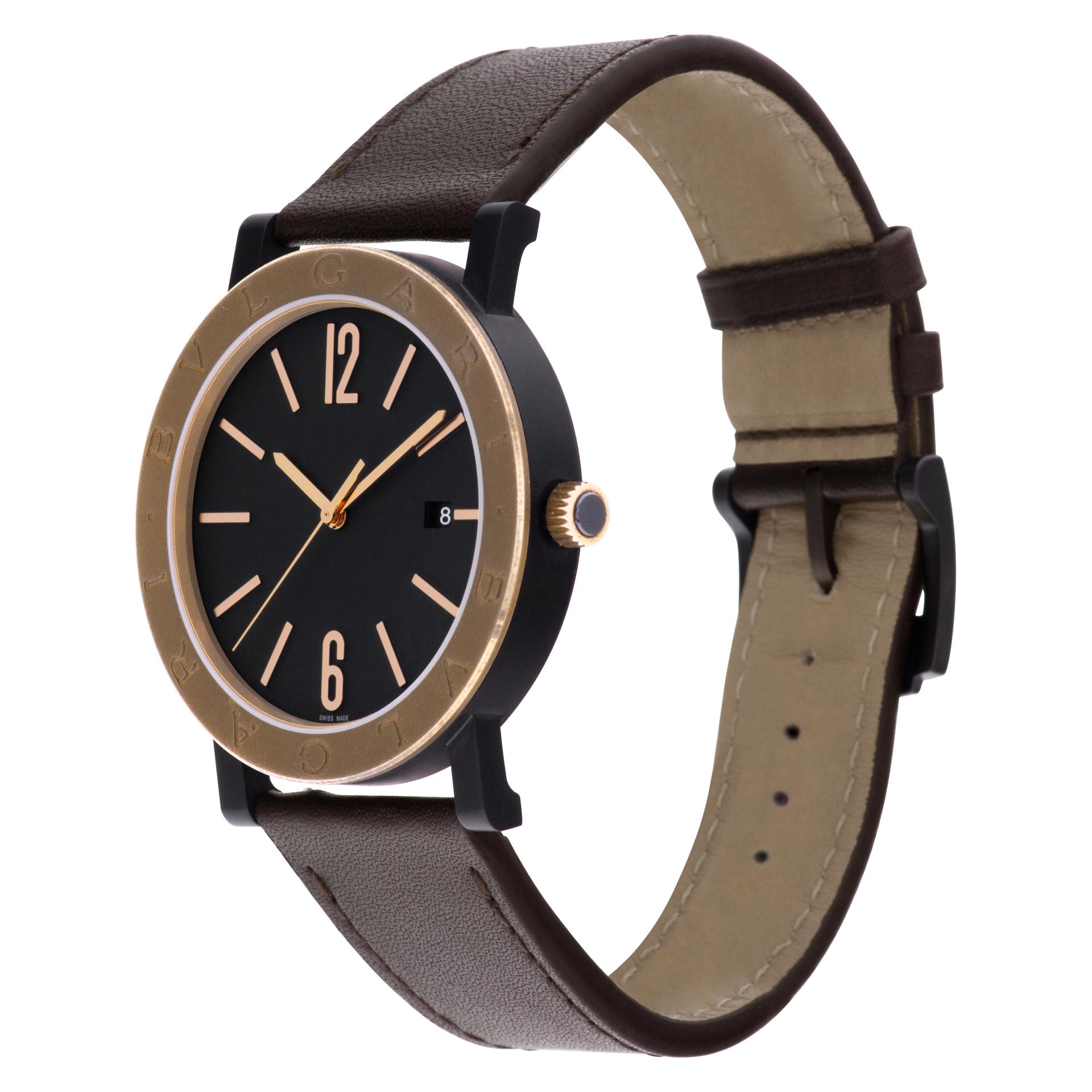 Bvlgari Solotempo with bronze bezel in black DLC stainless steel on leather strap. Auto w/ sweep seconds and date. 41 mm case size. Ref BB41SB. Circa 2010s. Fine Pre-owned Bvlgari / Bulgari Watch.   Certified preowned Classic Bvlgari Solotempo