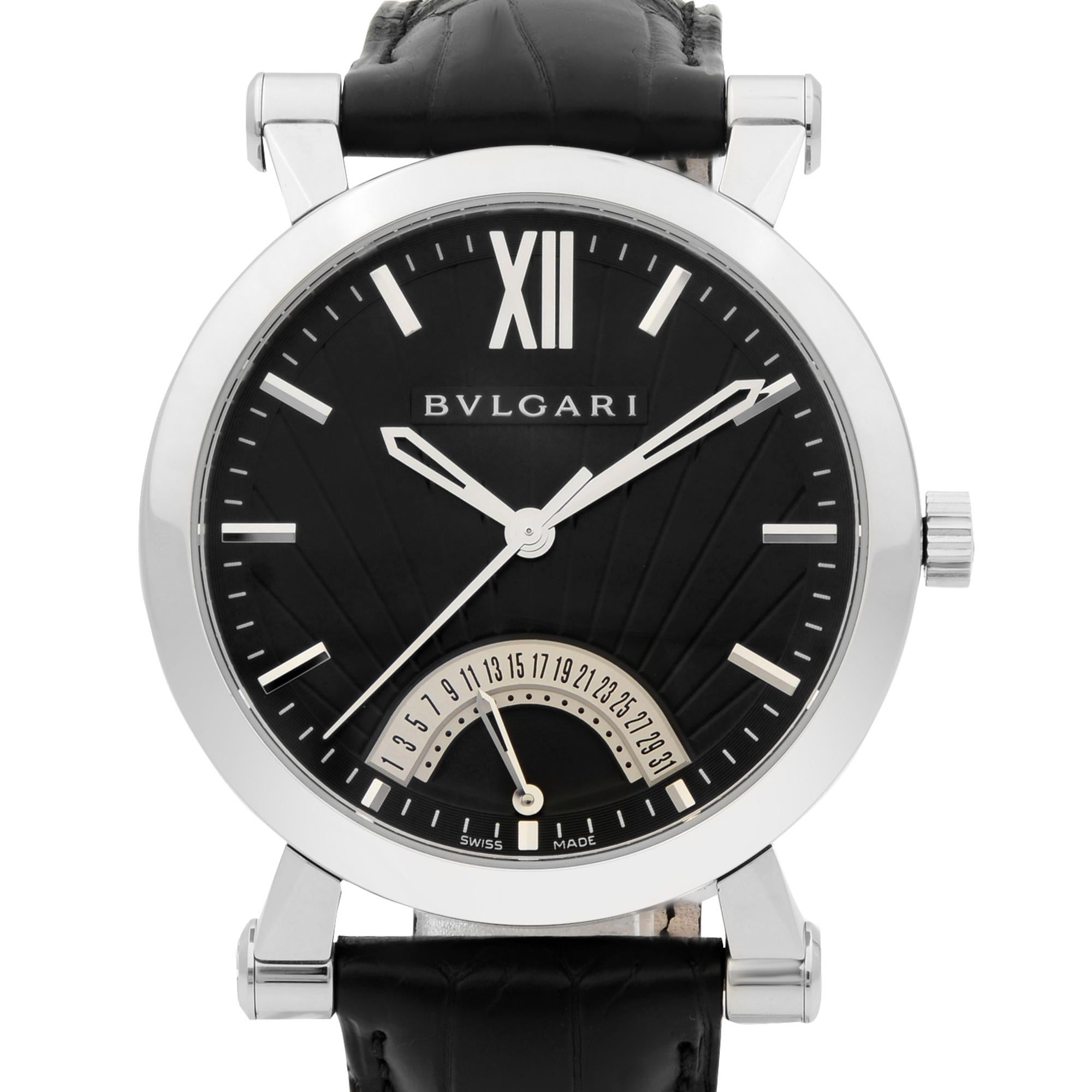 This display model Bvlgari Sotirio Retrograde SB42SDR is a beautiful men's timepiece that is powered by mechanical (automatic) movement which is cased in a stainless steel case. It has a round shape face, date indicator dial and has hand roman