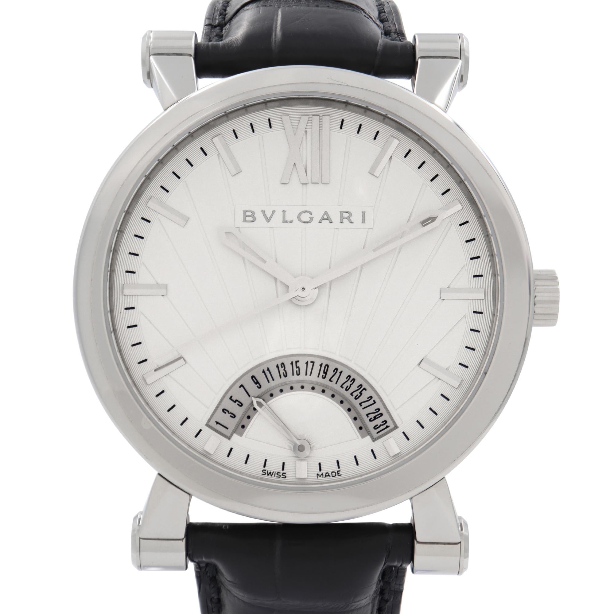 Display Model Bvlgari Sotirio Retrograde Steel White Dial Automatic Mens Watch. This Beautiful Timepiece Features: 	Two-Piece Strap Black Crocodile Band Type, White Dial with Full Date Indicator. Original Box and Papers are not included comes with a