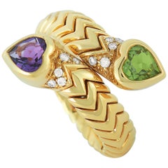 Bvlgari Spiga 18 Karat Yellow Gold Diamond, Amethyst and Peridot Bypass Ring