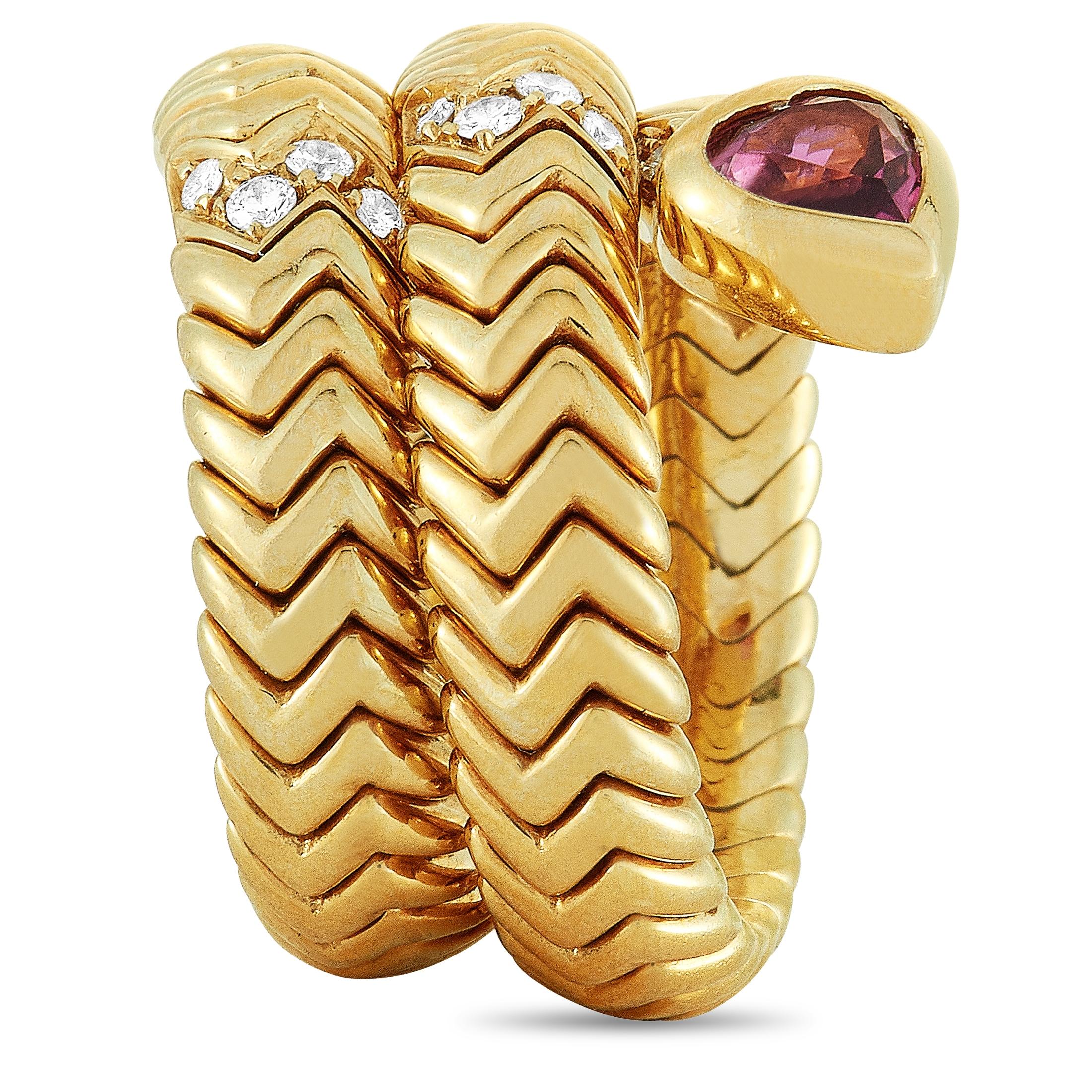 Round Cut Bvlgari Spiga 18 Karat Yellow Gold Diamond and Pink Tourmaline Bypass Ring