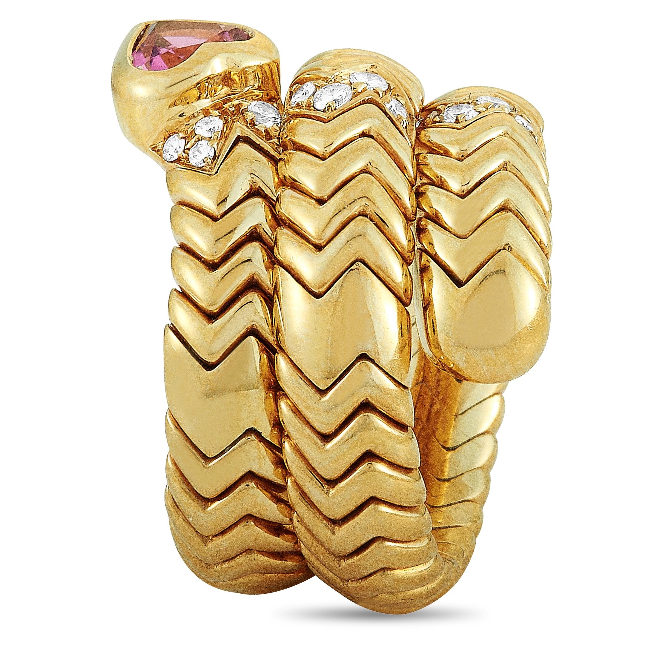 Bvlgari Spiga 18 Karat Yellow Gold Diamond and Pink Tourmaline Bypass Ring In Excellent Condition In Southampton, PA
