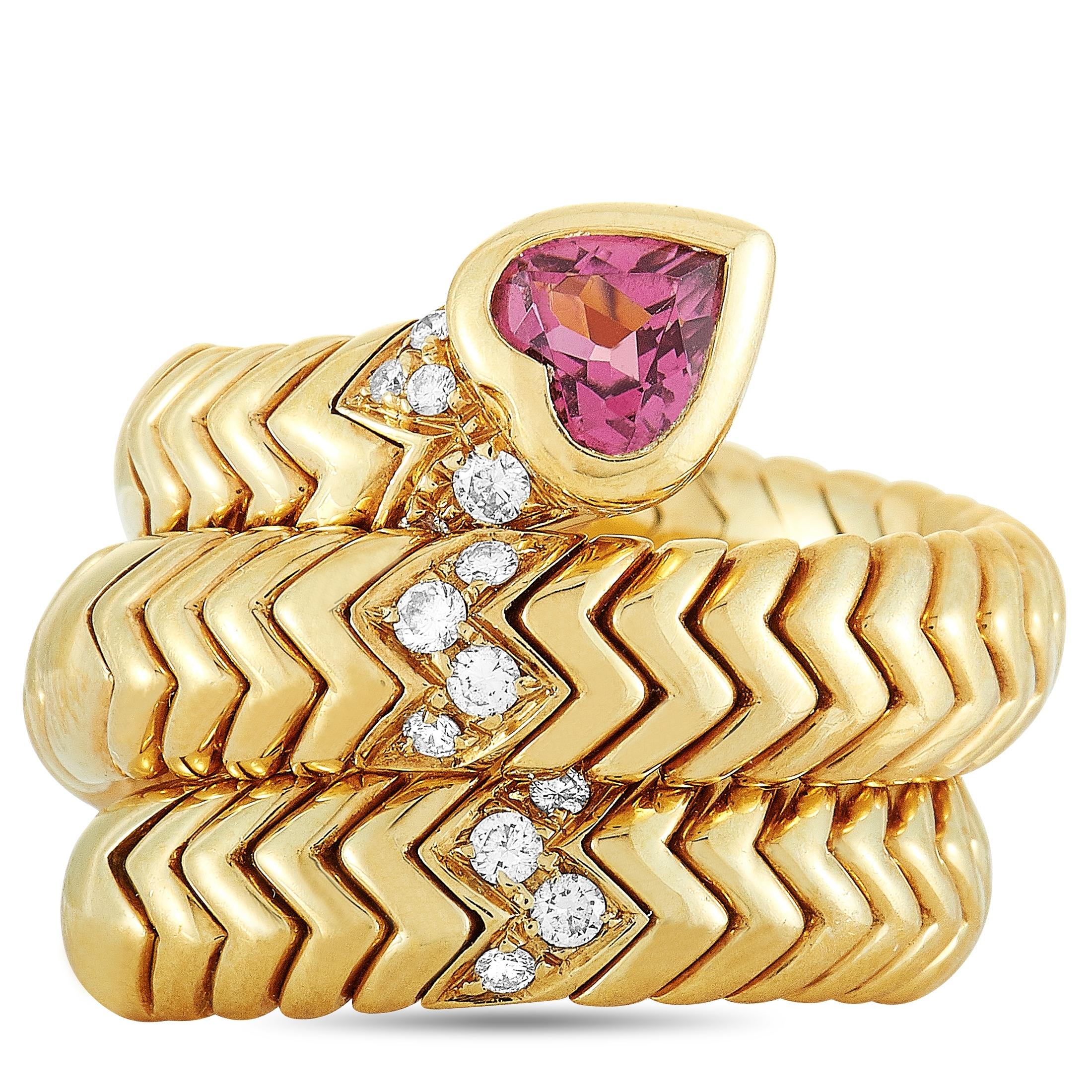 Bvlgari Spiga 18 Karat Yellow Gold Diamond and Pink Tourmaline Bypass Ring 1