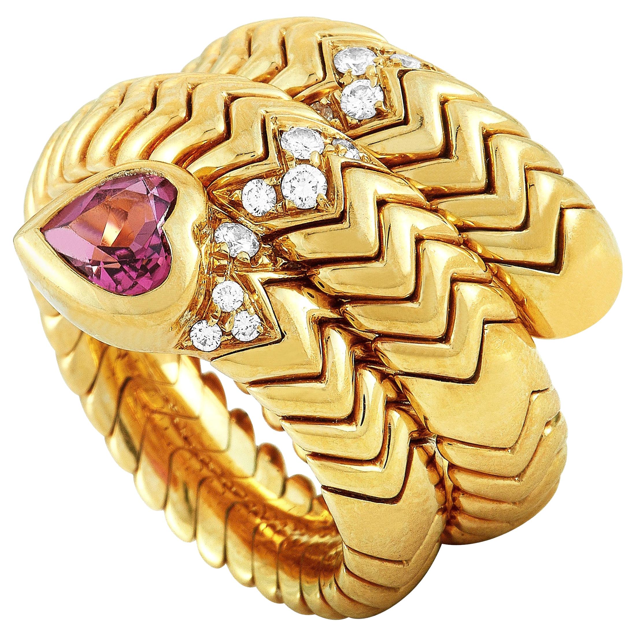 Bvlgari Bague Spiga en or jaune 18 carats, diamants et tourmaline rose