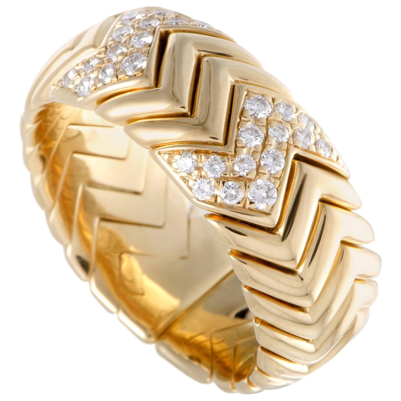 Bvlgari Spiga 18 Karat Yellow Gold Diamond Pave Band Ring