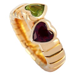 Bvlgari Spiga 18 Karat Yellow Gold Peridot and Garnet Hearts Ring