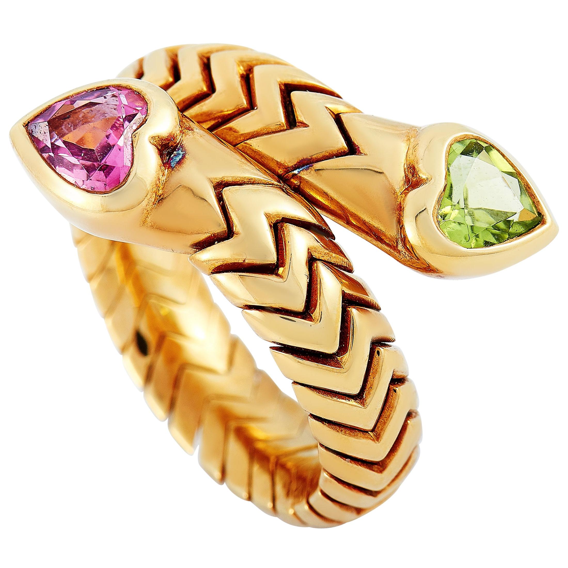 Bvlgari Spiga 18 Karat Yellow Gold Peridot and Tourmaline Hearts Ring
