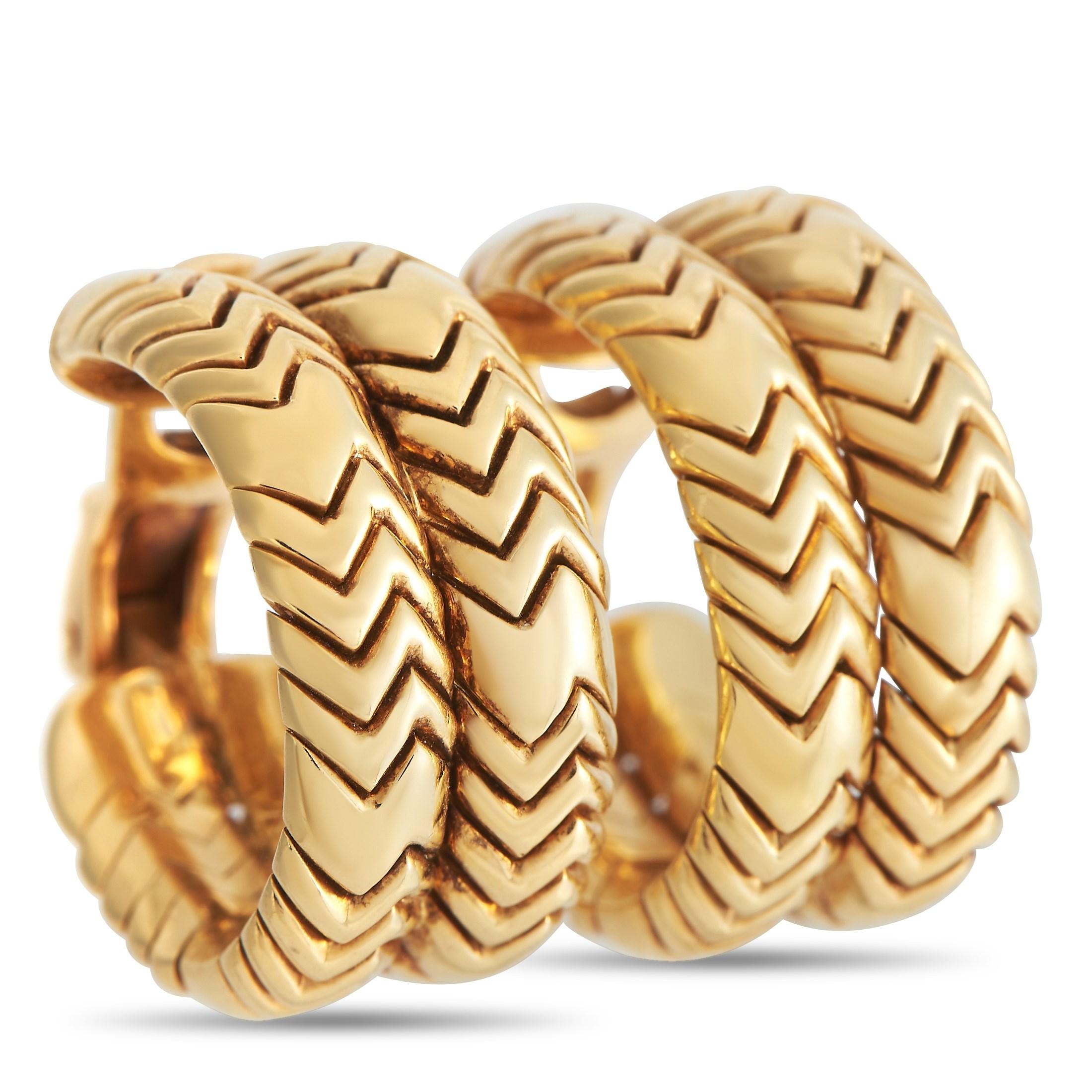 Incredibly opulent, these 18K Yellow Gold Bvlgari Spiga earrings have a sleek, sophisticated sense of style. A contemporary chevron pattern adds extra visual impact to each one of these earrings, which measure 0.37” long and 0.80” wide.

This