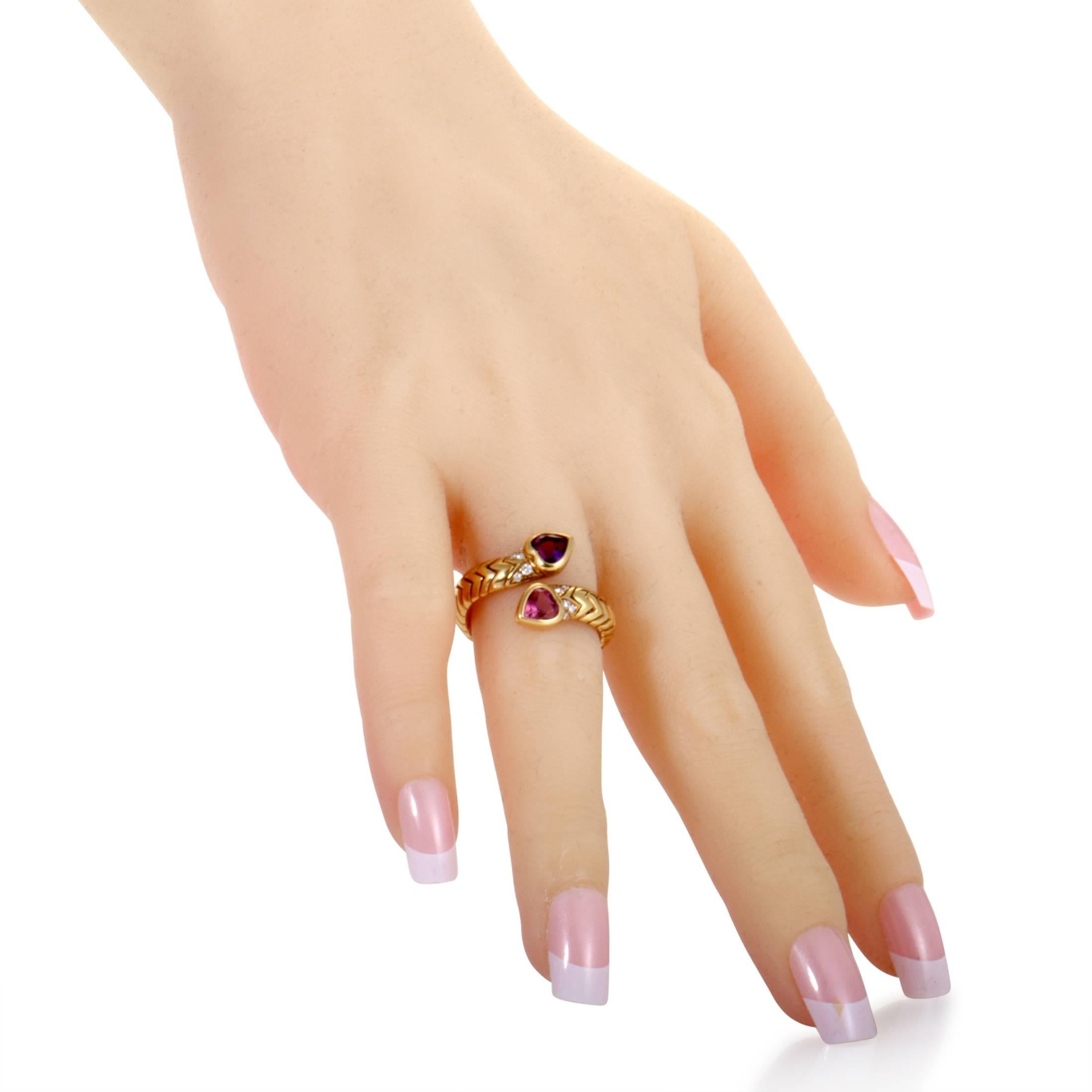 Women's Bvlgari Spiga 18K Yellow Gold Diamond Amethyst and Pink Tourmaline Bypass Ring