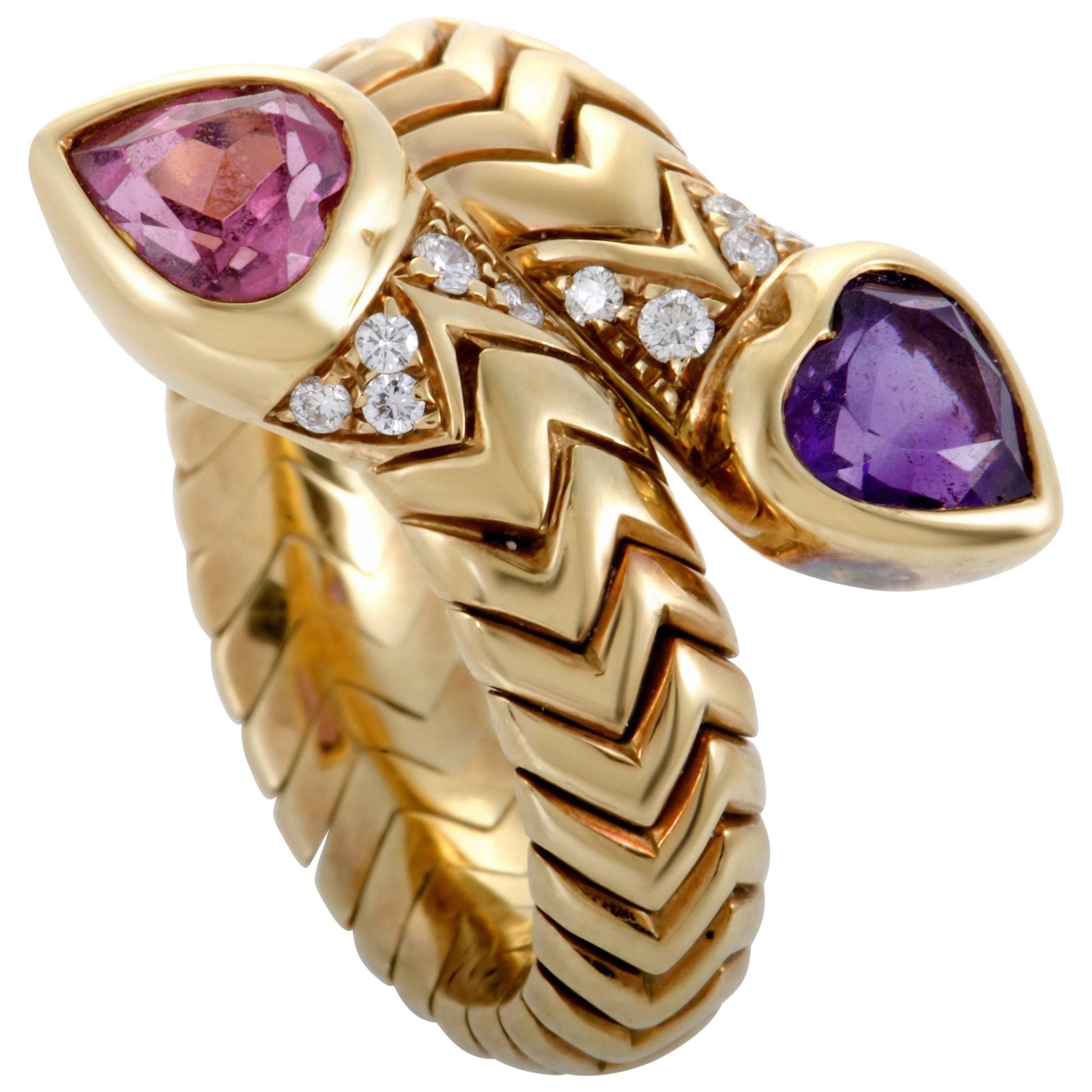 Bvlgari Spiga 18K Yellow Gold Diamond Amethyst and Pink Tourmaline Bypass Ring