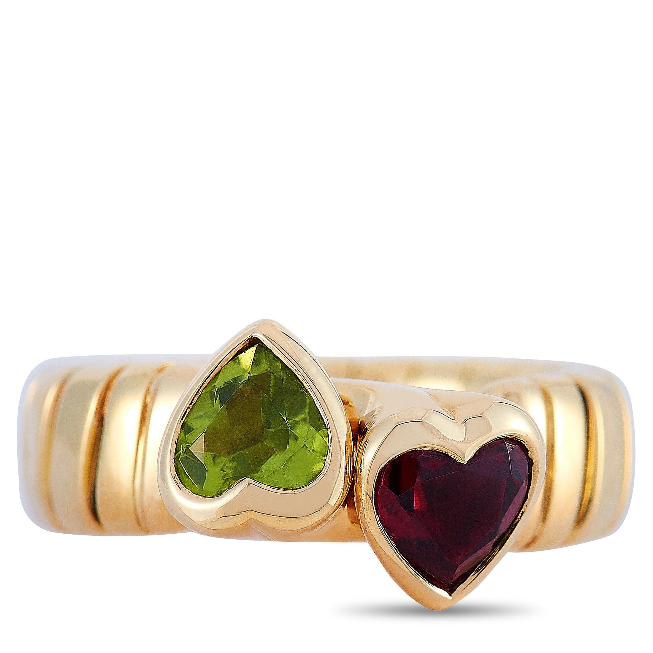 Heart Cut Bvlgari Spiga 18 Karat Yellow Gold Peridot and Garnet Hearts Ring