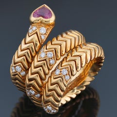 BVLGARI Spiga Diamante Rubelita Rosa Corazón Anillo Ajustable de 3 Filas de Oro Amarillo