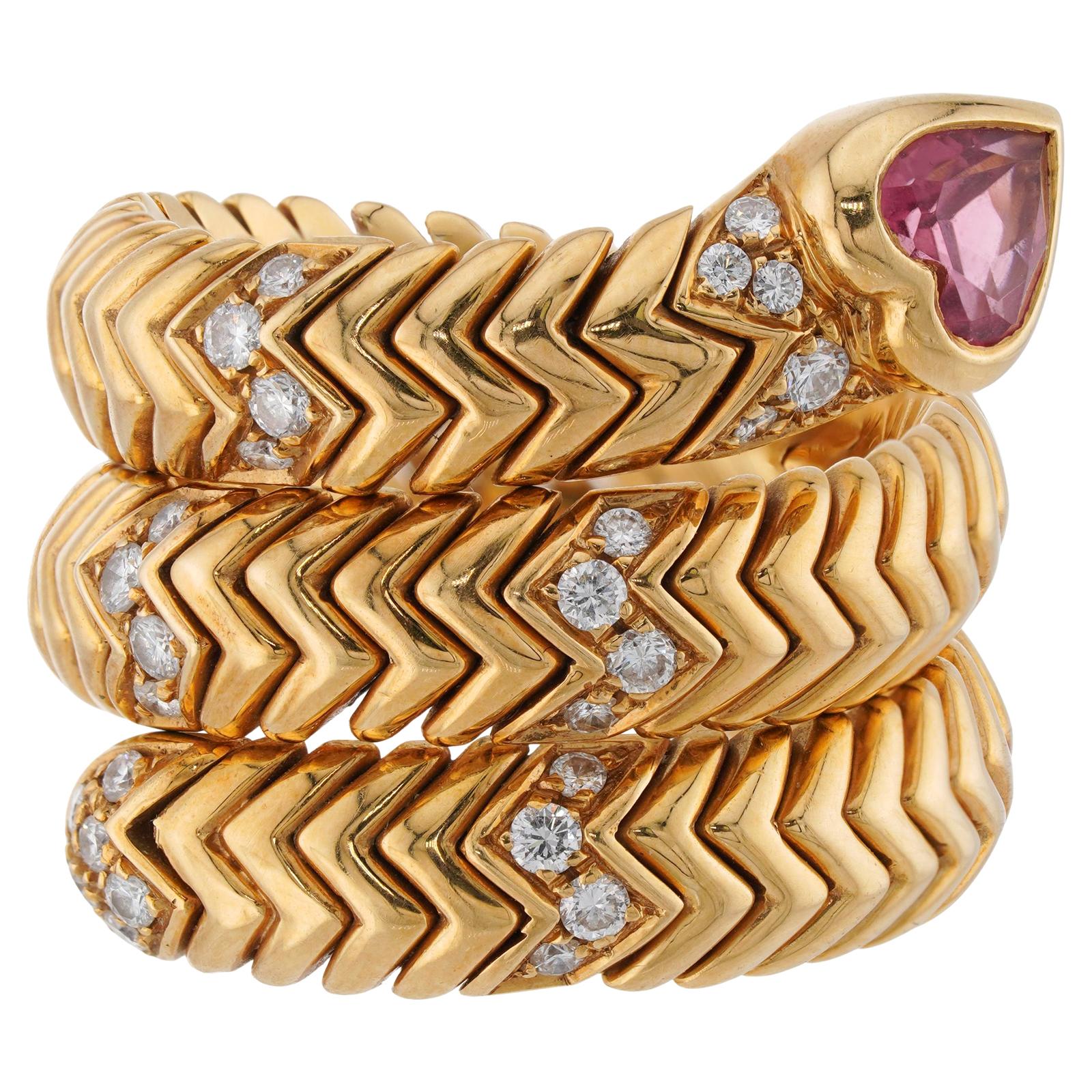 BVLGARI Verstellbarer Ring, BVLGARI Spiga Diamant Rosa Rubellit Herz Gelbgold 3-reihig für Damen oder Herren im Angebot