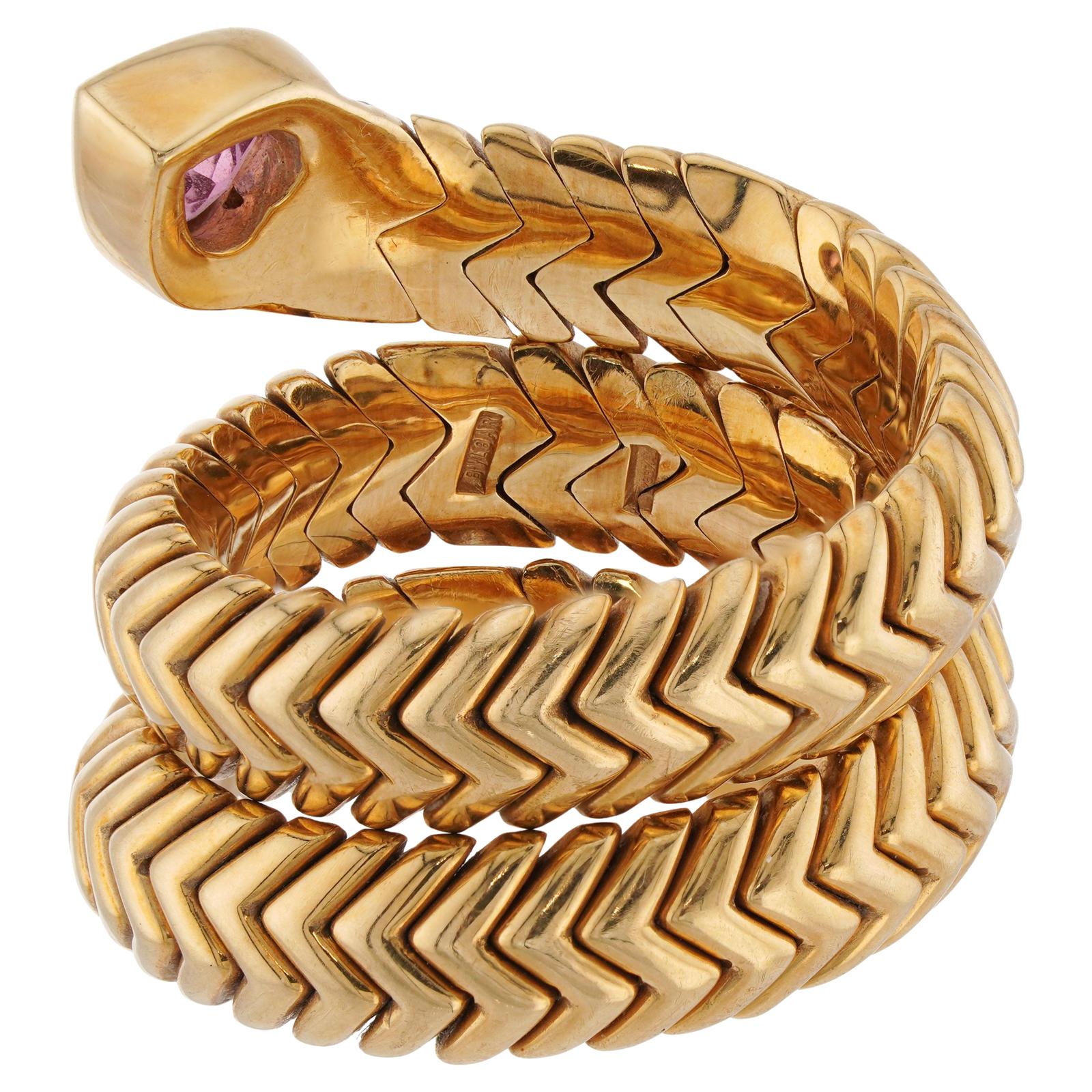BVLGARI Verstellbarer Ring, BVLGARI Spiga Diamant Rosa Rubellit Herz Gelbgold 3-reihig im Angebot 1