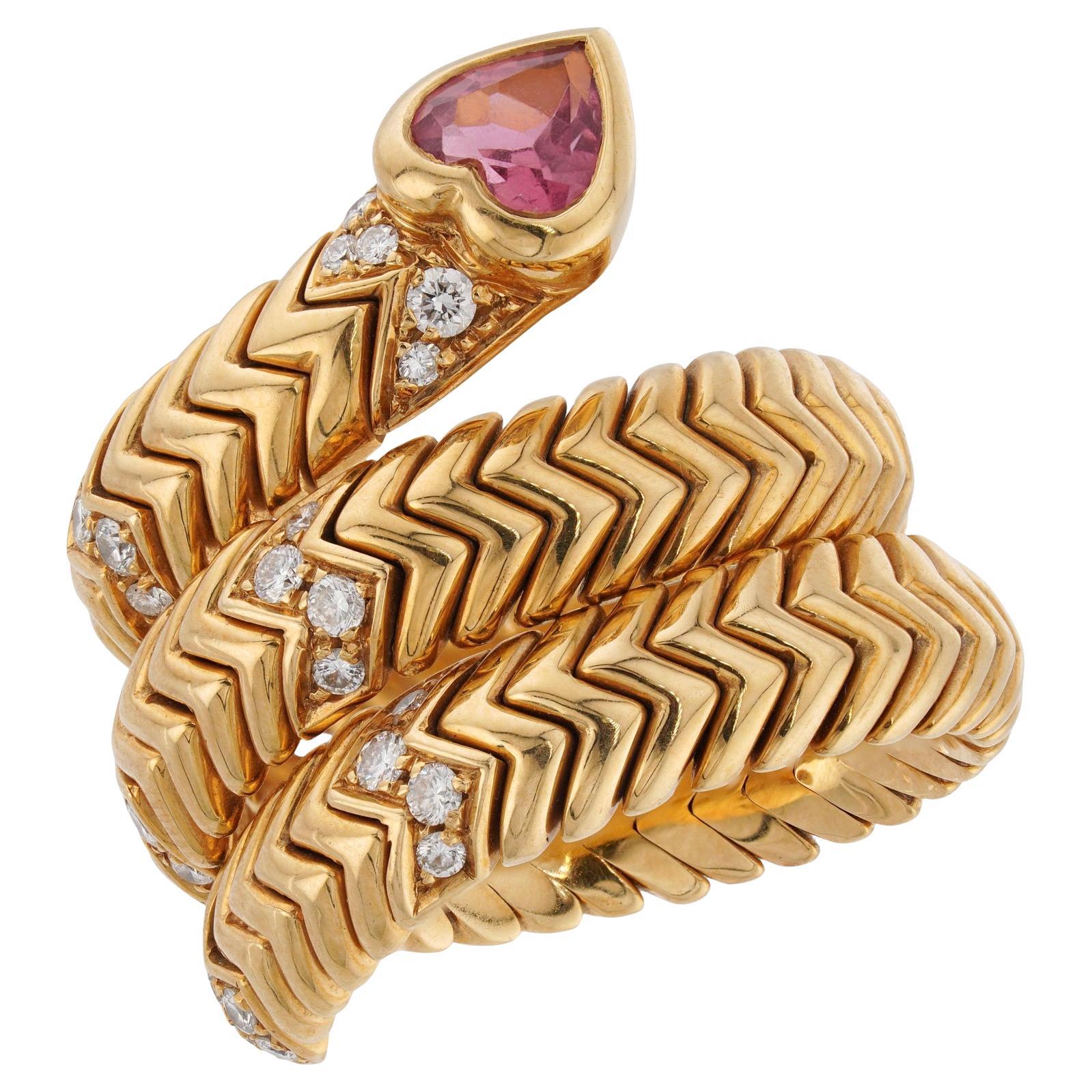 BVLGARI Spiga Diamante Rubelita Rosa Corazón Anillo Ajustable de 3 Filas de Oro Amarillo