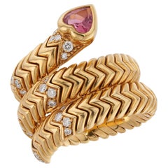 BVLGARI Verstellbarer Ring, BVLGARI Spiga Diamant Rosa Rubellit Herz Gelbgold 3-reihig